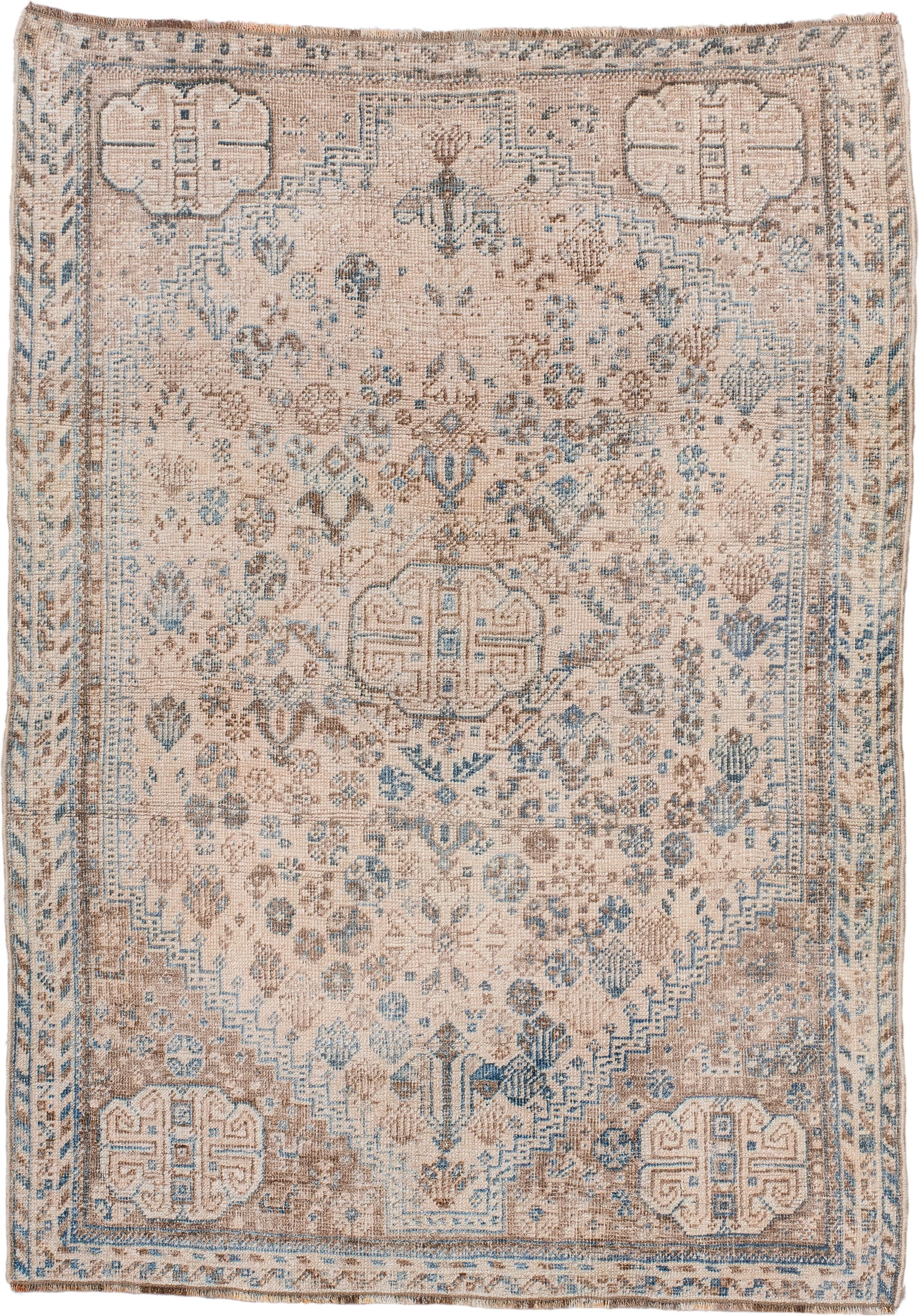3' x 5' one-of-a-kind handmade antique Shiraz small size rug. Color palette: ivory, sky blue, taupe, beige, camel, slate