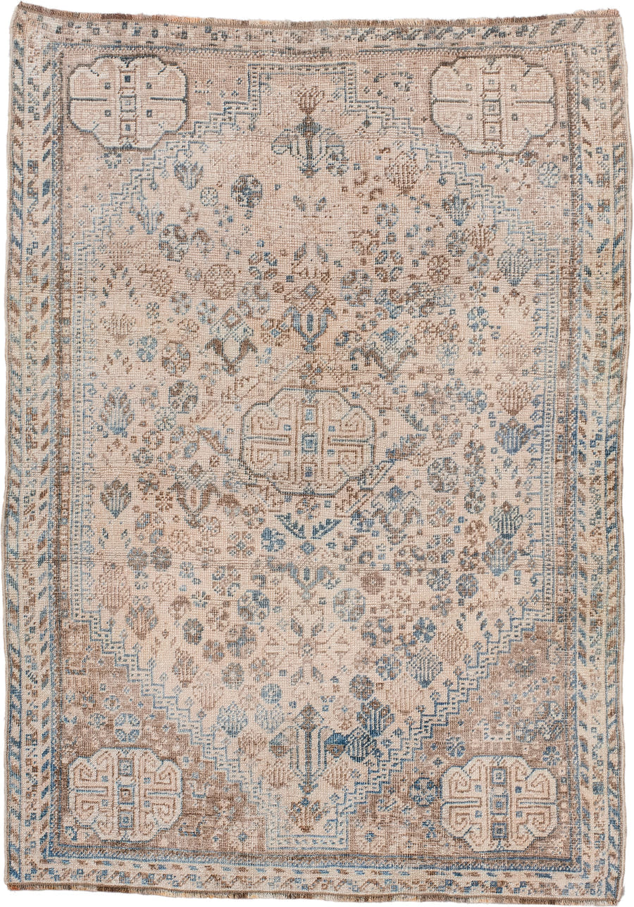 3' x 5' one-of-a-kind handmade antique Shiraz small size rug. Color palette: ivory, sky blue, taupe, beige, camel, slate