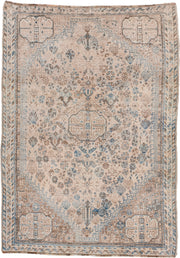3' x 5' one-of-a-kind handmade antique Shiraz small size rug. Color palette: ivory, sky blue, taupe, beige, camel, slate