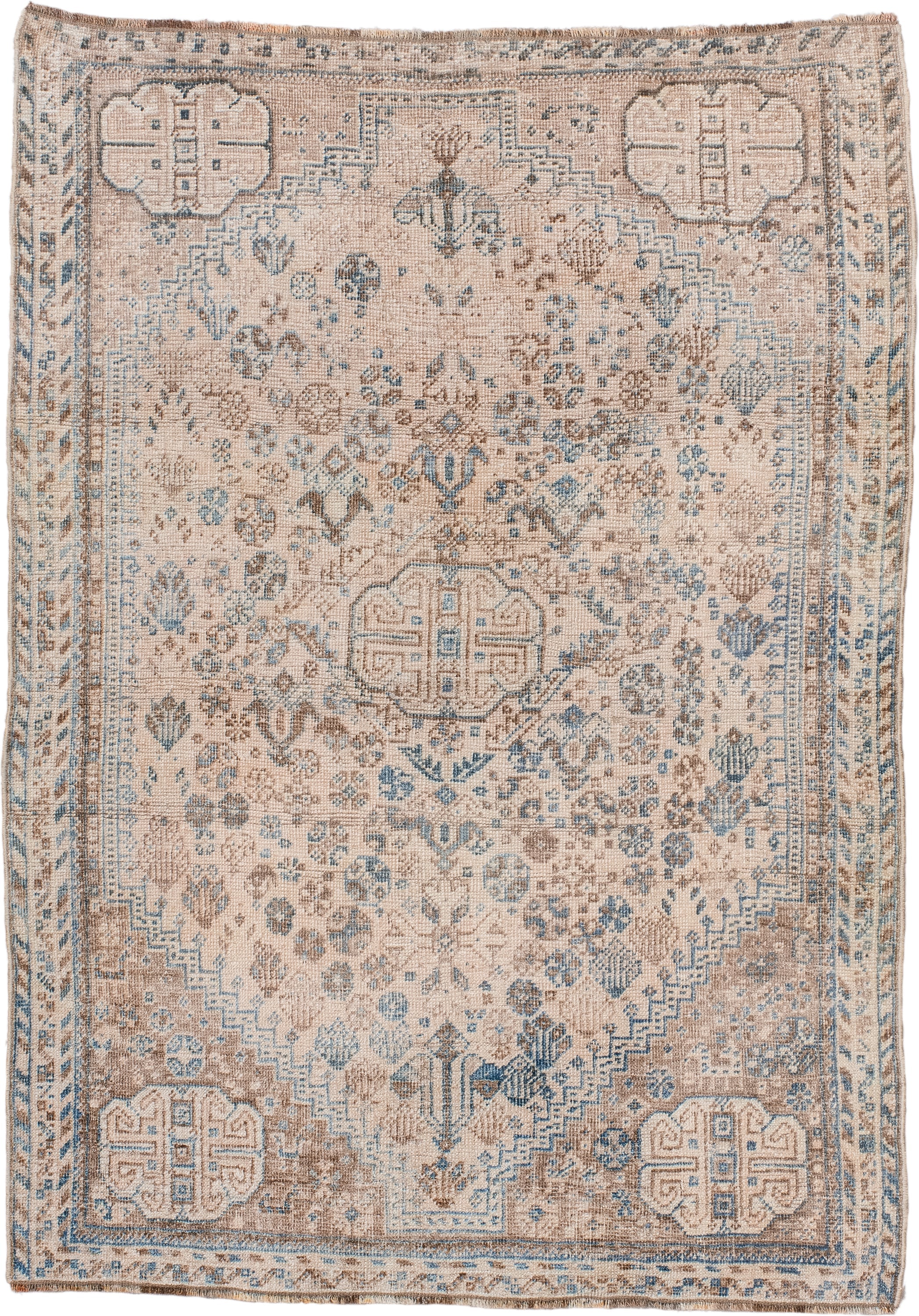 3' x 5' one-of-a-kind handmade antique Shiraz small size rug. Color palette: ivory, sky blue, taupe, beige, camel, slate