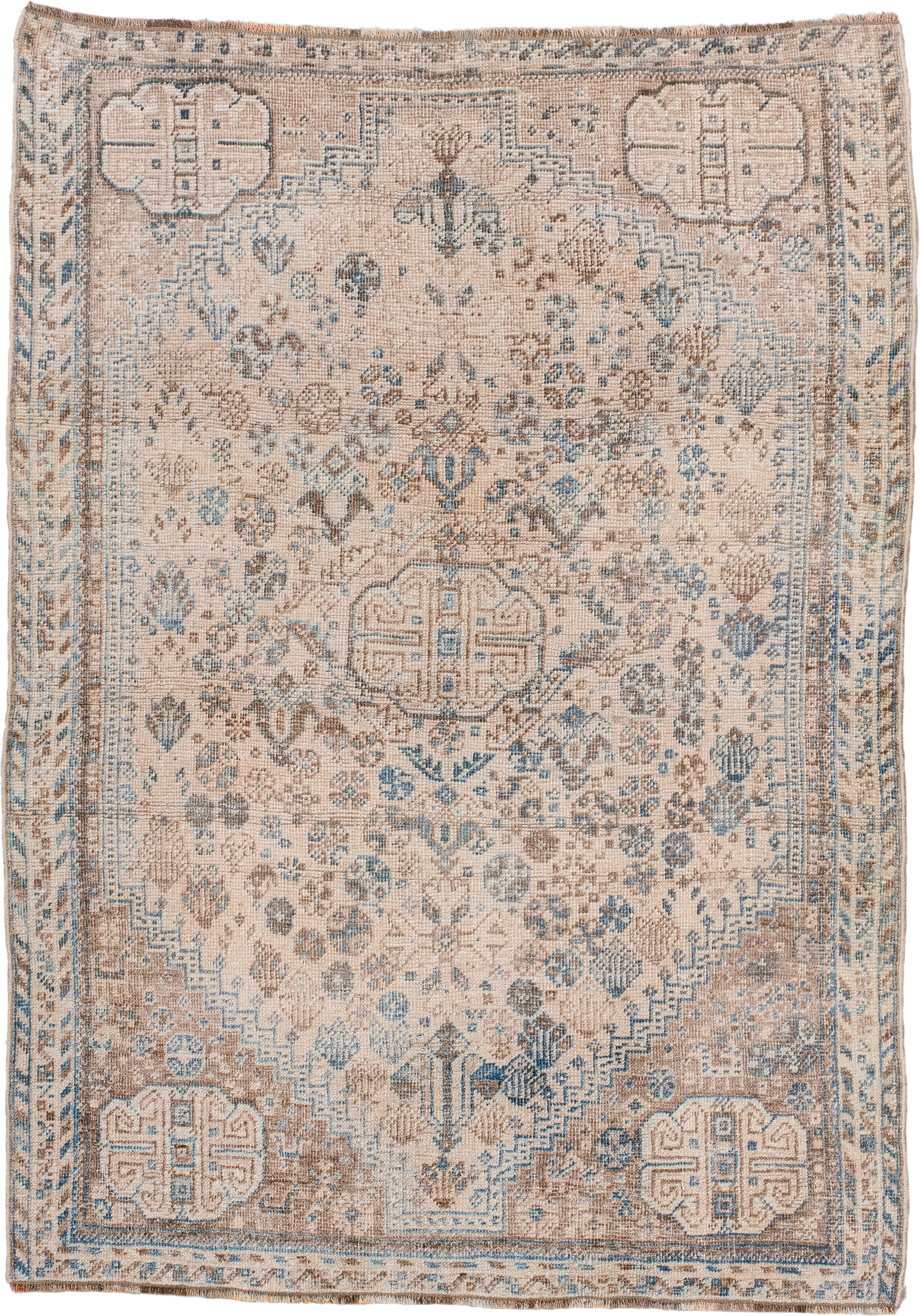 3' x 5' one-of-a-kind handmade antique Shiraz small size rug. Color palette: ivory, sky blue, taupe, beige, camel, slate
