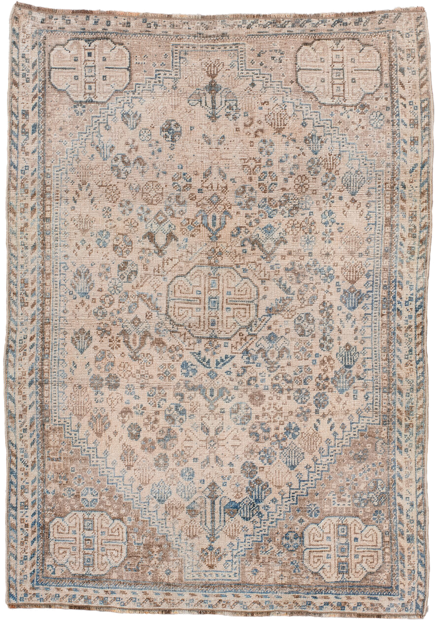 3' x 5' one-of-a-kind handmade antique Shiraz small size rug. Color palette: ivory, sky blue, taupe, beige, camel, slate