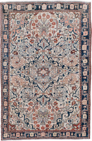 3' x 5' one-of-a-kind handmade antique Sarouk small size rug. Color palette: ivory, navy, coral, rust, slate, rose, blue