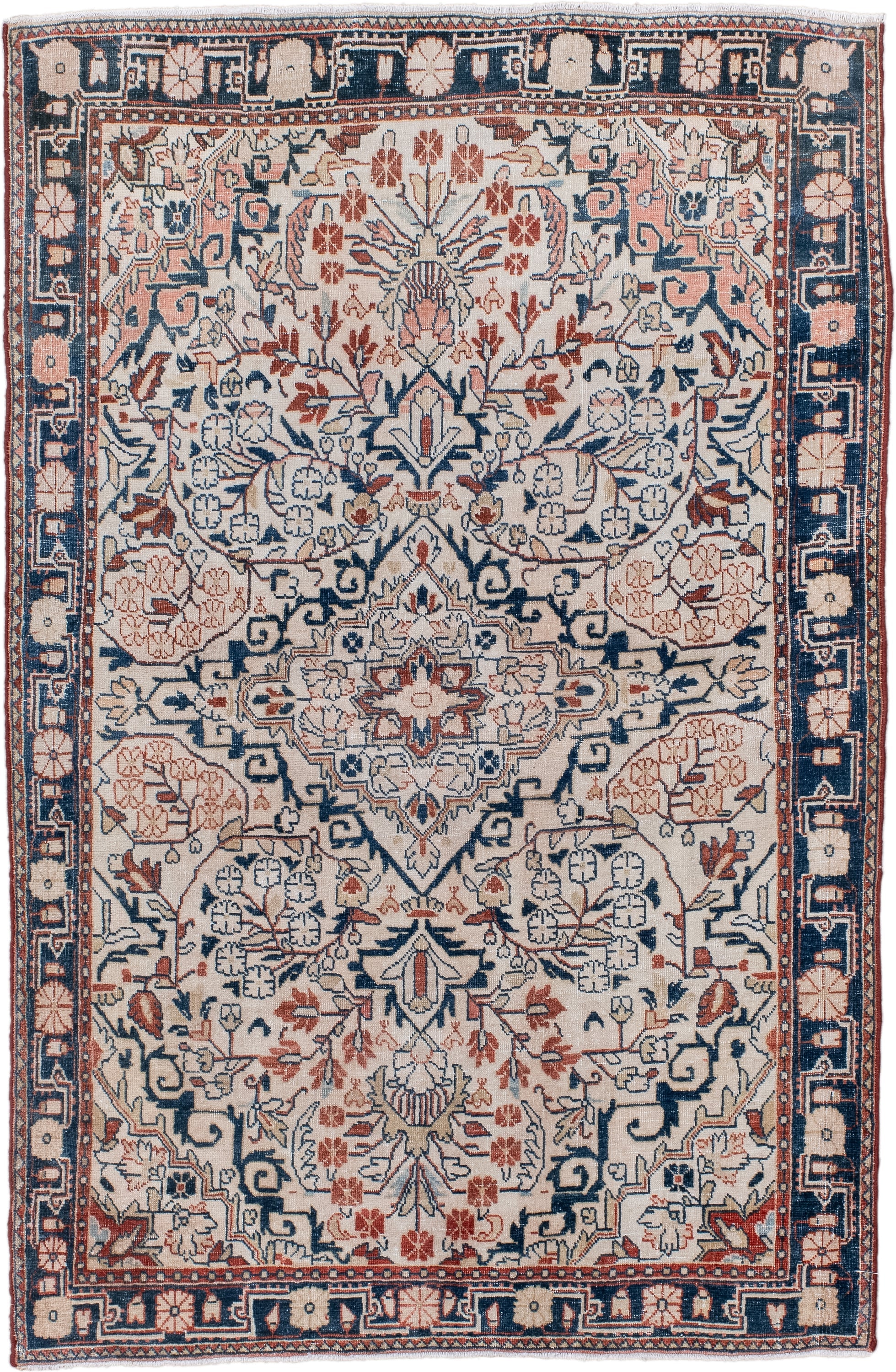 3' x 5' one-of-a-kind handmade antique Sarouk small size rug. Color palette: ivory, navy, coral, rust, slate, rose, blue