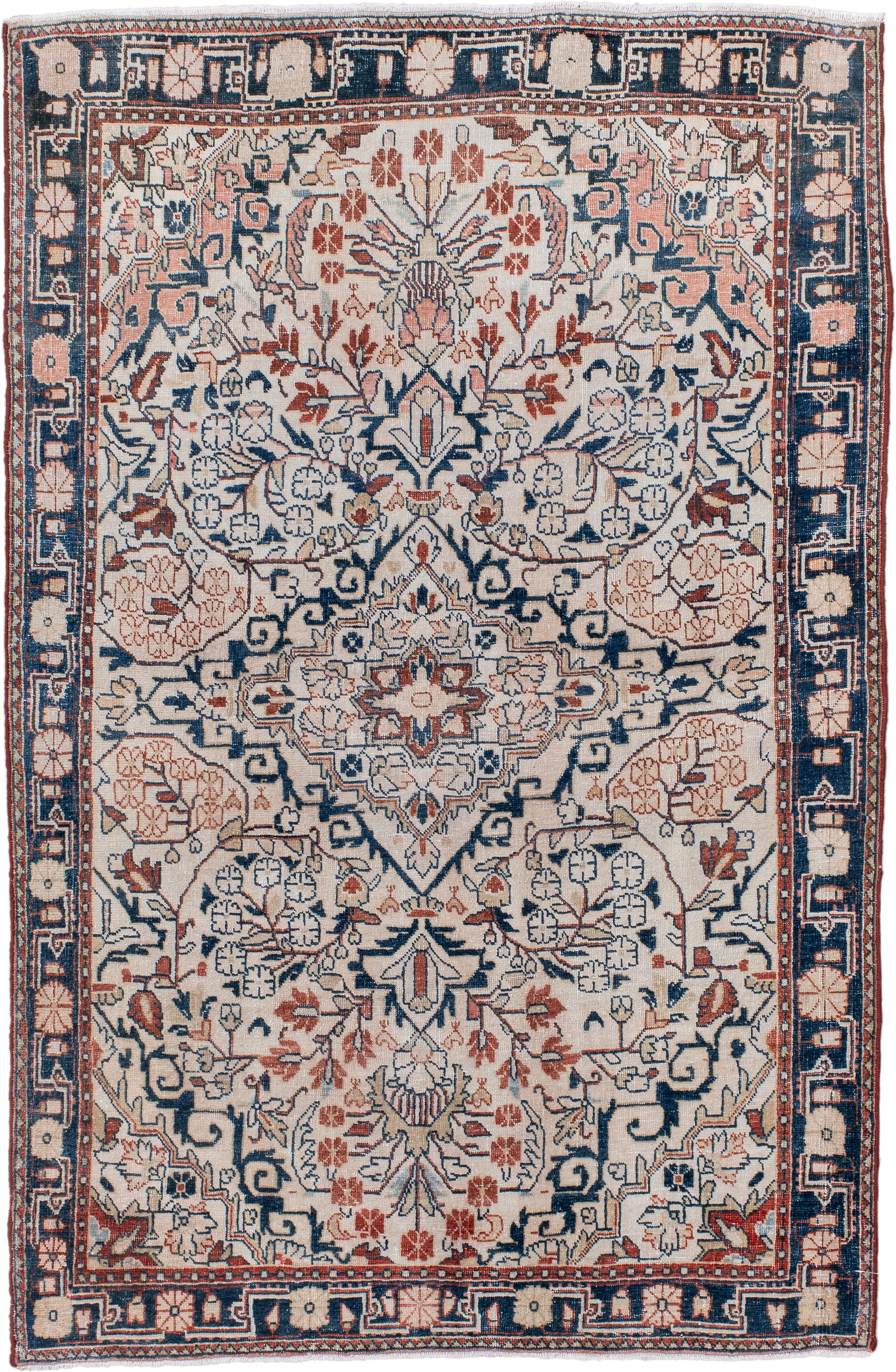 3' x 5' one-of-a-kind handmade antique Sarouk small size rug. Color palette: ivory, navy, coral, rust, slate, rose, blue