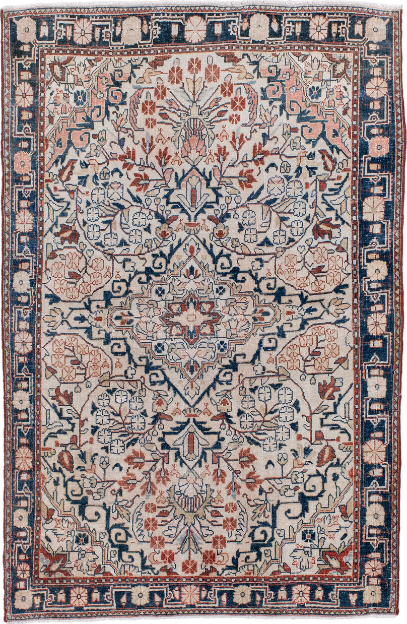 3' x 5' one-of-a-kind handmade antique Sarouk small size rug. Color palette: ivory, navy, coral, rust, slate, rose, blue