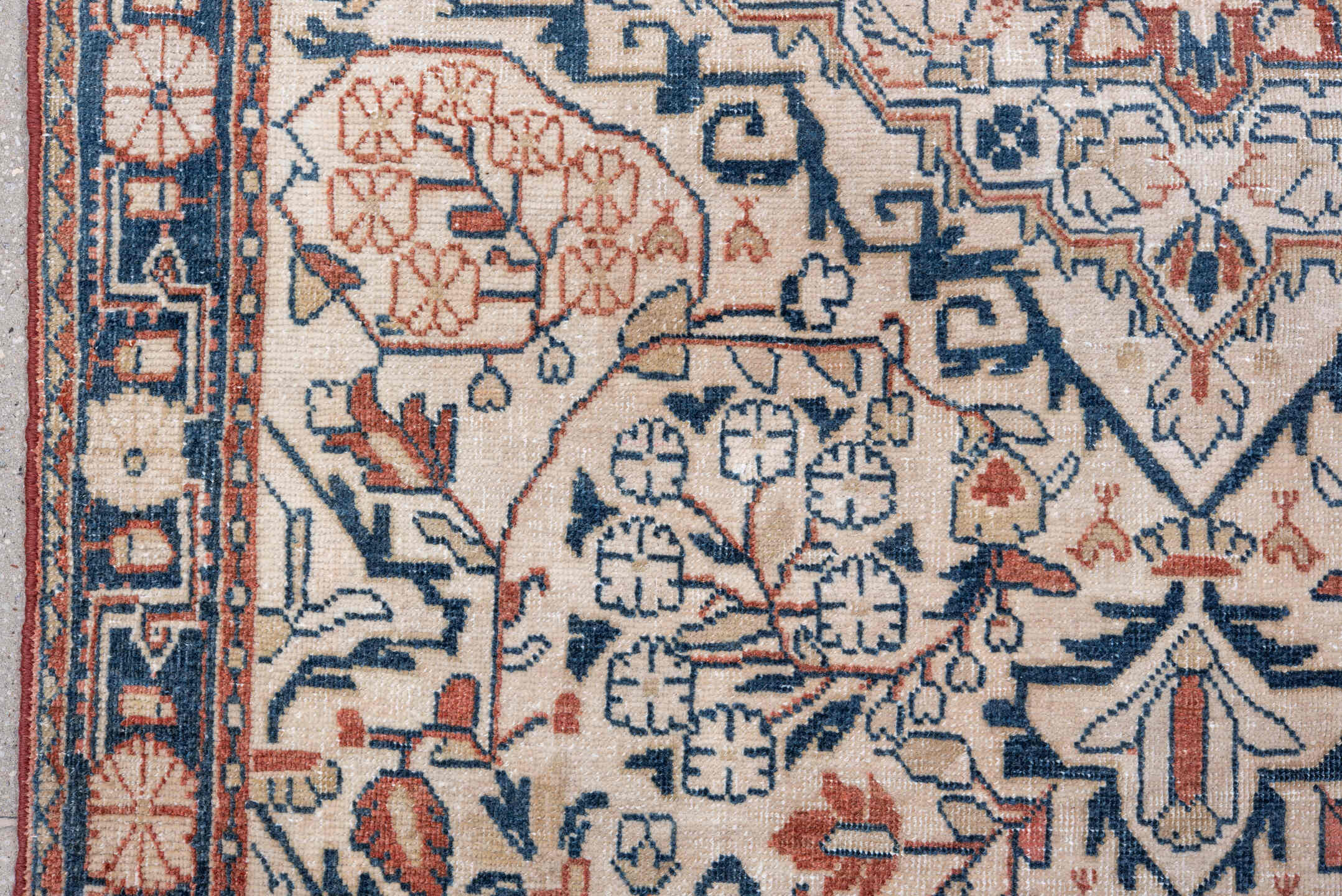 3' x 5' one-of-a-kind handmade antique Sarouk small size rug. Color palette: ivory, navy, coral, rust, slate, rose, blue