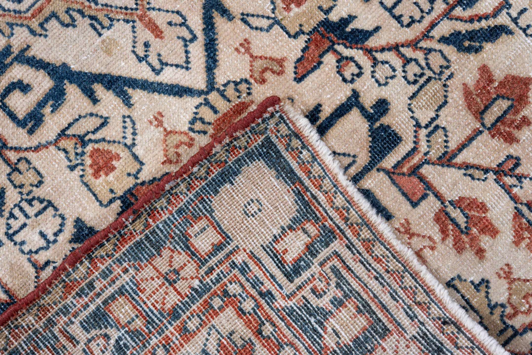 3' x 5' one-of-a-kind handmade antique Sarouk small size rug. Color palette: ivory, navy, coral, rust, slate, rose, blue