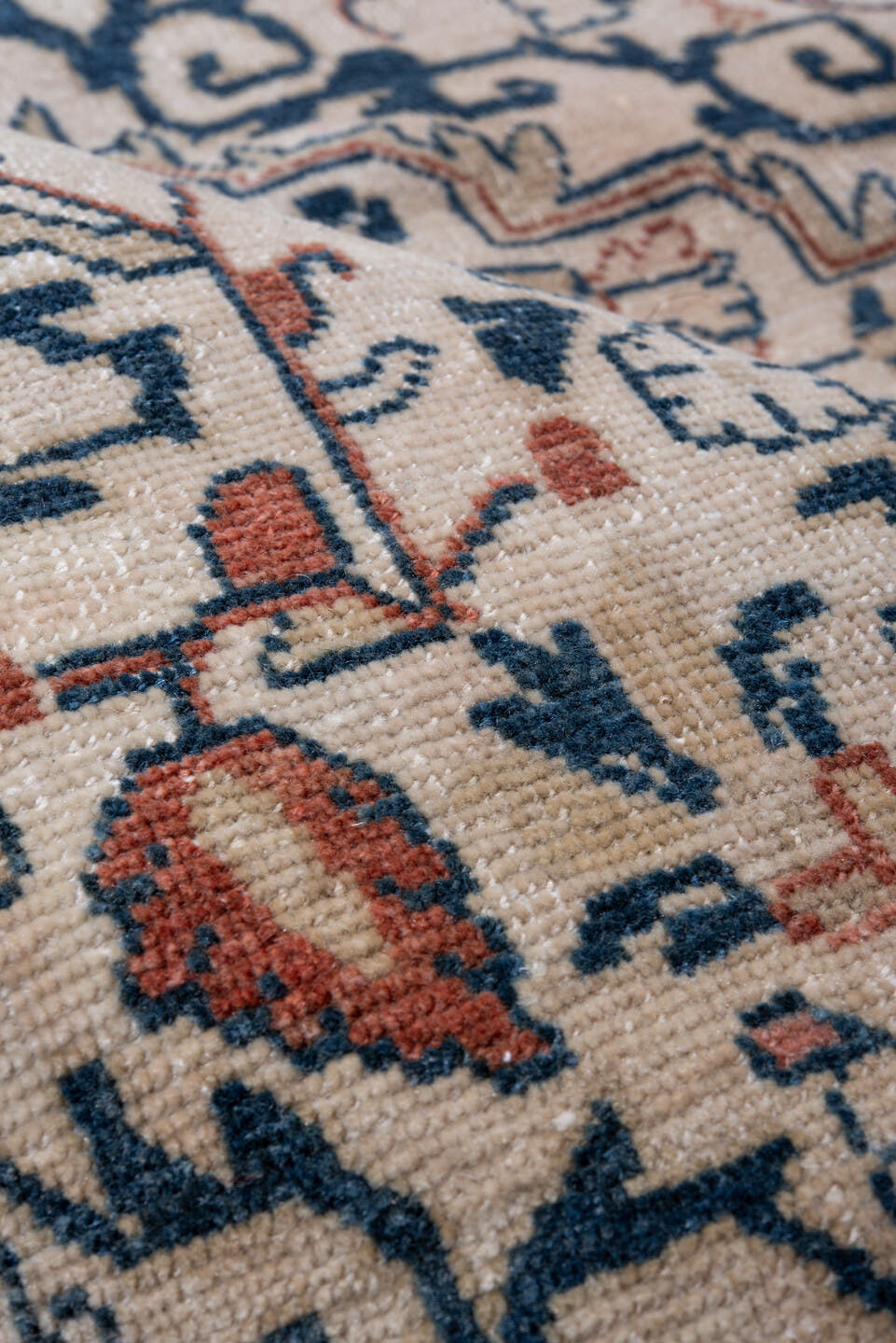 3' x 5' one-of-a-kind handmade antique Sarouk small size rug. Color palette: ivory, navy, coral, rust, slate, rose, blue