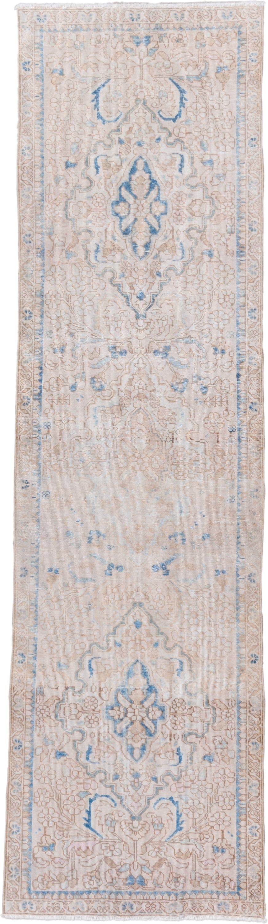 2' x 10' one-of-a-kind handmade vintage Sarab runner rug. Color palette: ivory, beige, sky_blue, taupe, camel, light blue