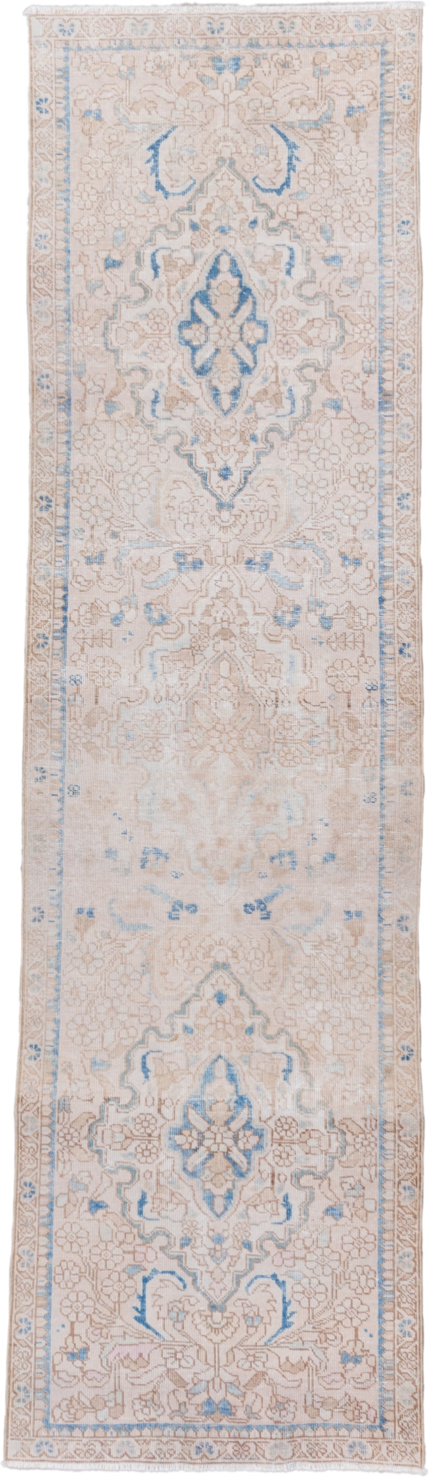 2' x 10' one-of-a-kind handmade vintage Sarab runner rug. Color palette: ivory, beige, sky_blue, taupe, camel, light blue