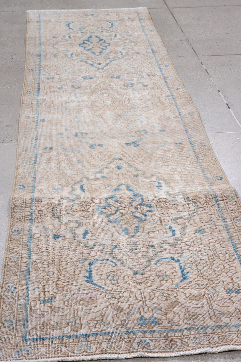 2' x 10' one-of-a-kind handmade vintage Sarab runner rug. Color palette: ivory, beige, sky_blue, taupe, camel, light blue