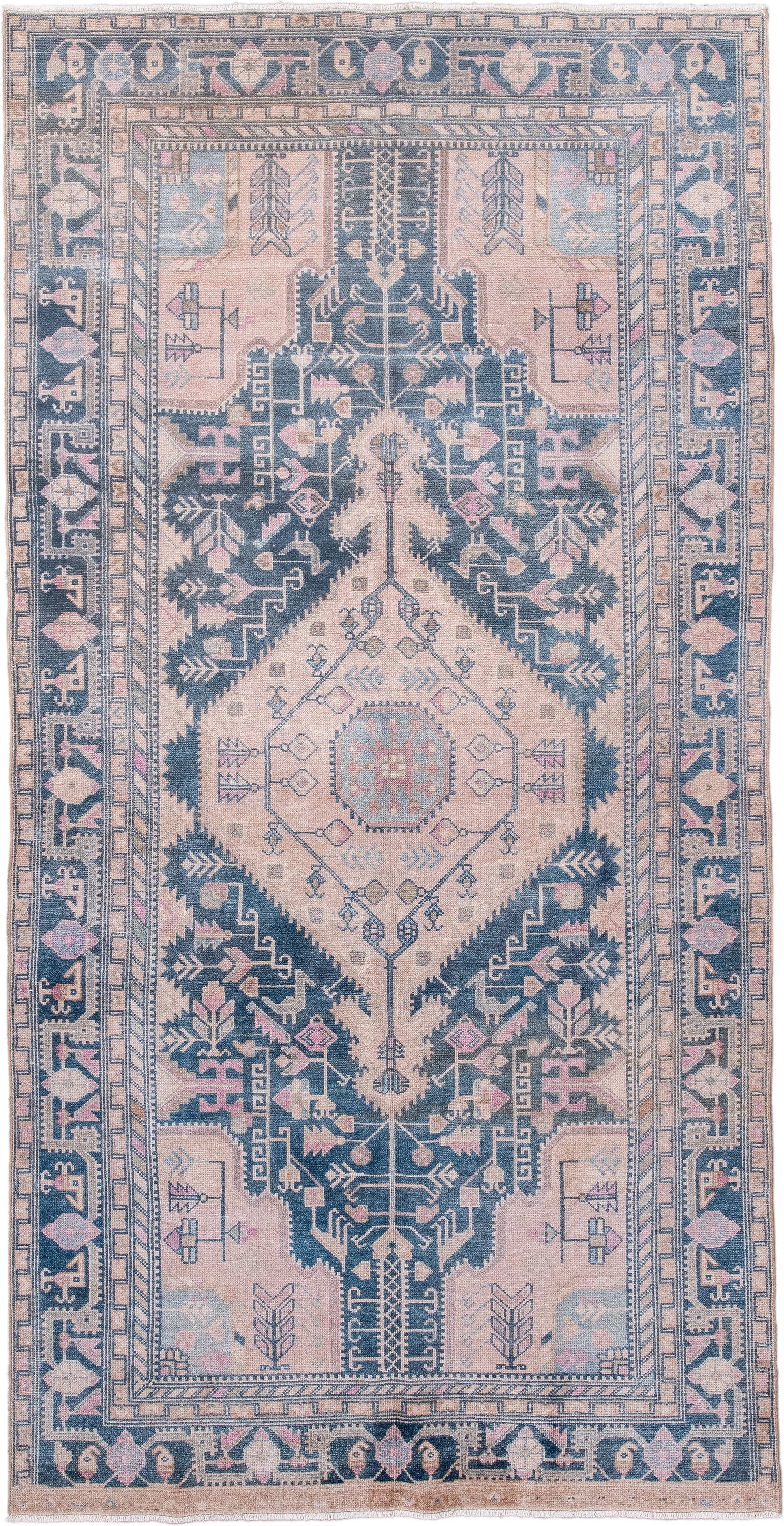 4' x 9' one-of-a-kind handmade antique Hamadan rug. Color palette: blush, indigo, ivory, dusty rose, slate, taupe, pink