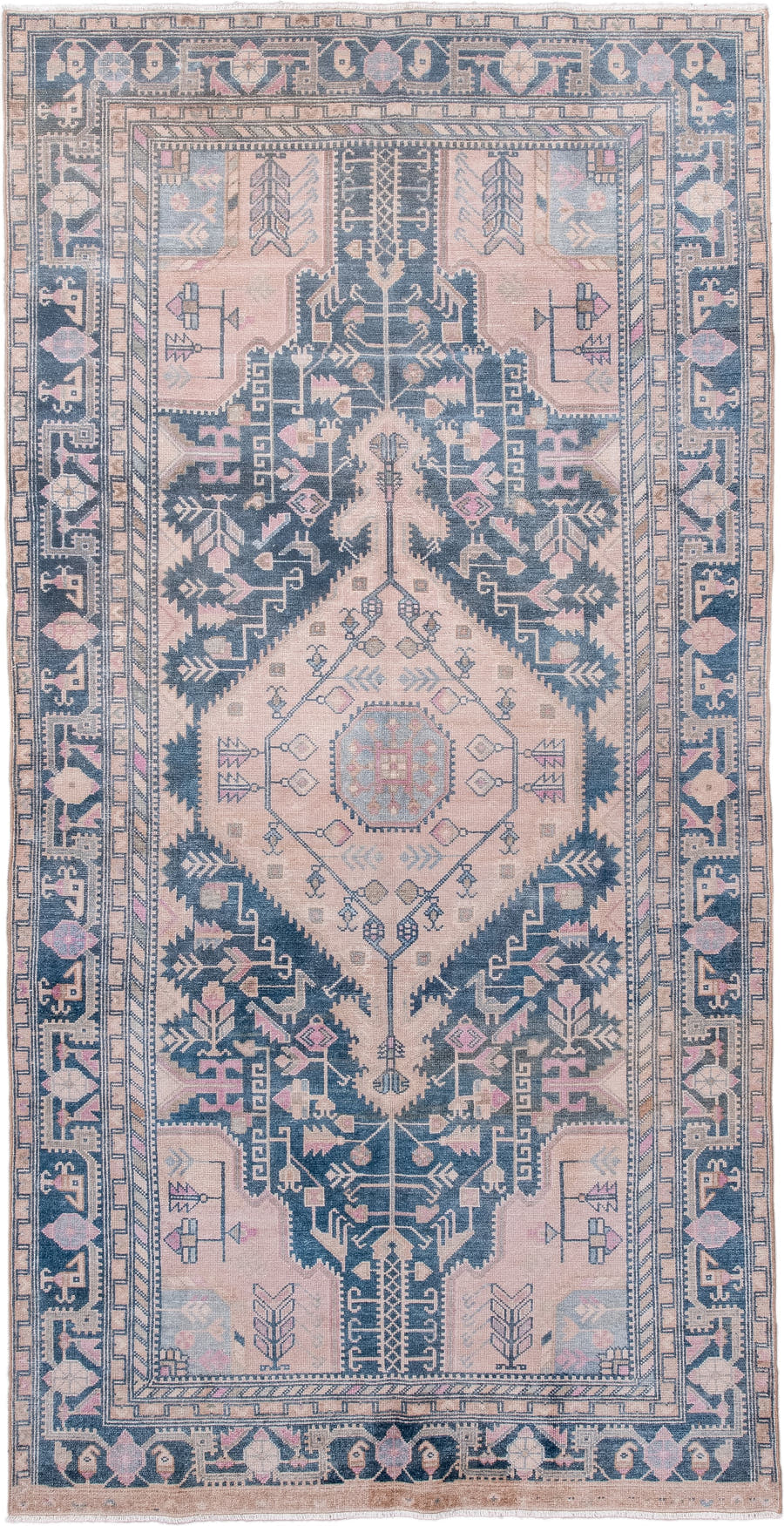 4' x 9' one-of-a-kind handmade antique Hamadan rug. Color palette: blush, indigo, ivory, dusty rose, slate, taupe, pink