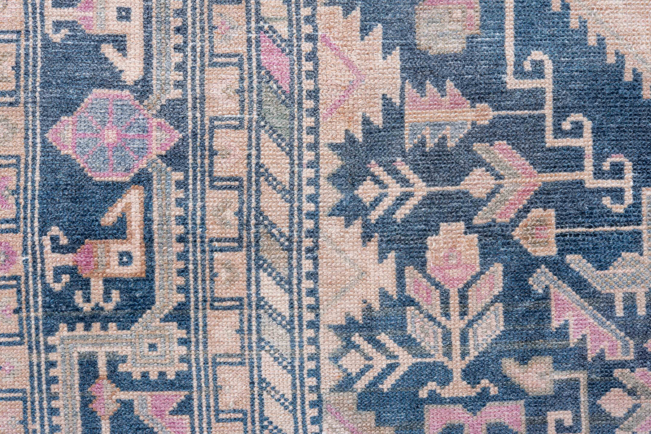 4' x 9' one-of-a-kind handmade antique Hamadan rug. Color palette: blush, indigo, ivory, dusty rose, slate, taupe, pink