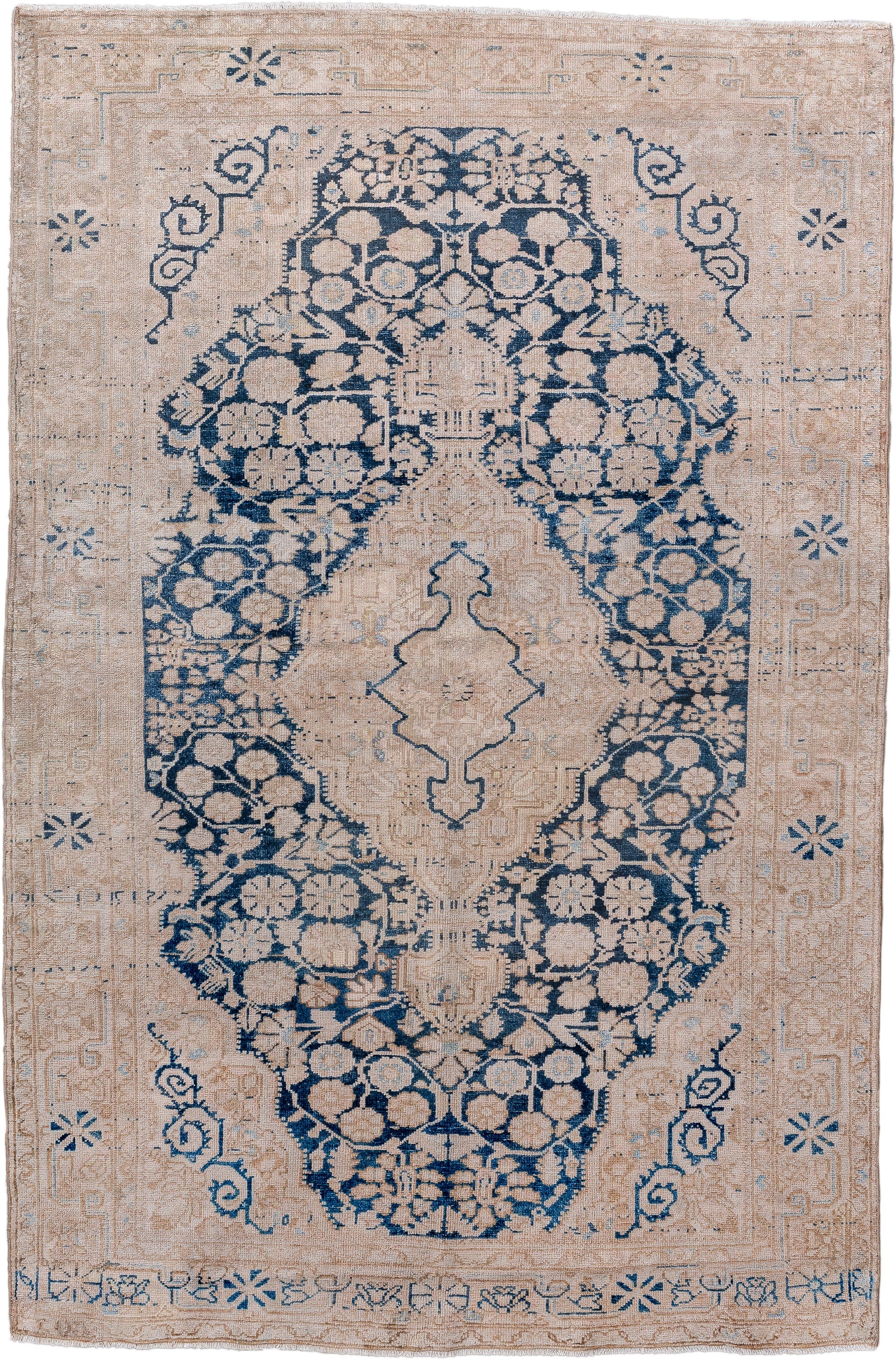 4' x 7' one-of-a-kind handmade vintage Malayer rug. Color palette: ivory, indigo, beige, camel, slate, purple, gray