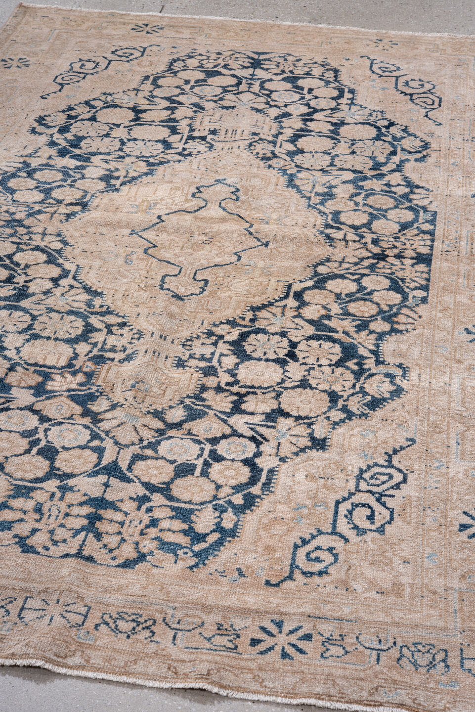 4' x 7' one-of-a-kind handmade vintage Malayer rug. Color palette: ivory, indigo, beige, camel, slate, purple, gray