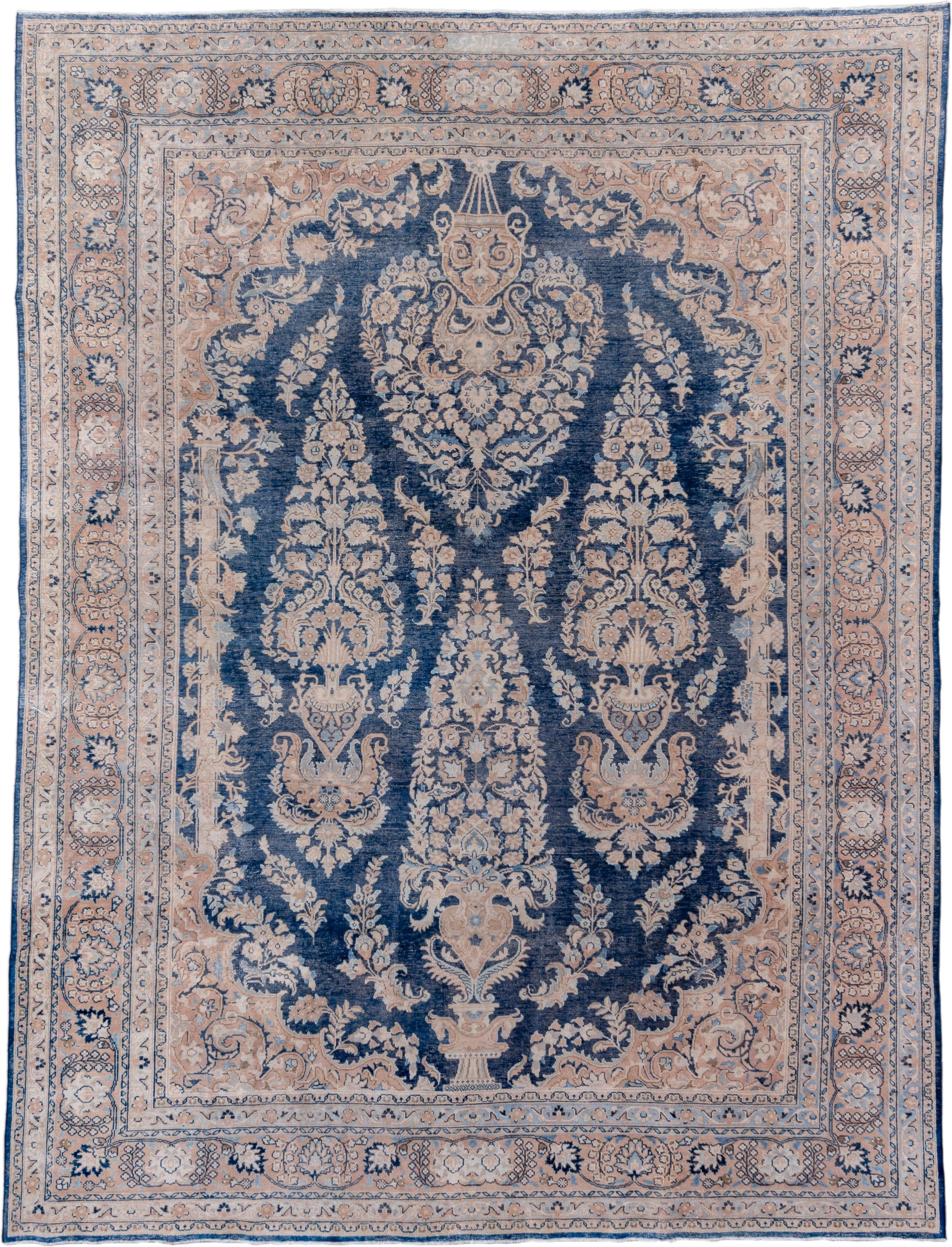 9' x 12' one-of-a-kind handmade vintage Meshed large size rug. Color palette: navy, ivory, blush, slate, taupe, cream, blue