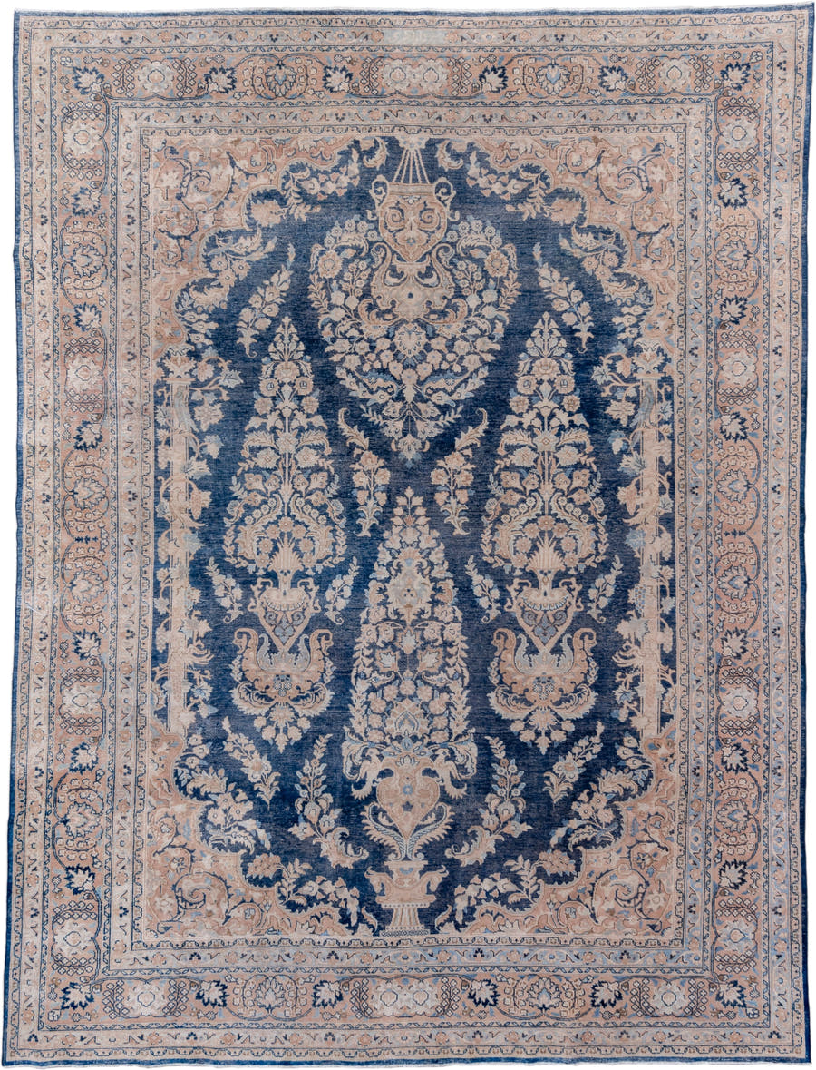9' x 12' one-of-a-kind handmade vintage Meshed large size rug. Color palette: navy, ivory, blush, slate, taupe, cream, blue