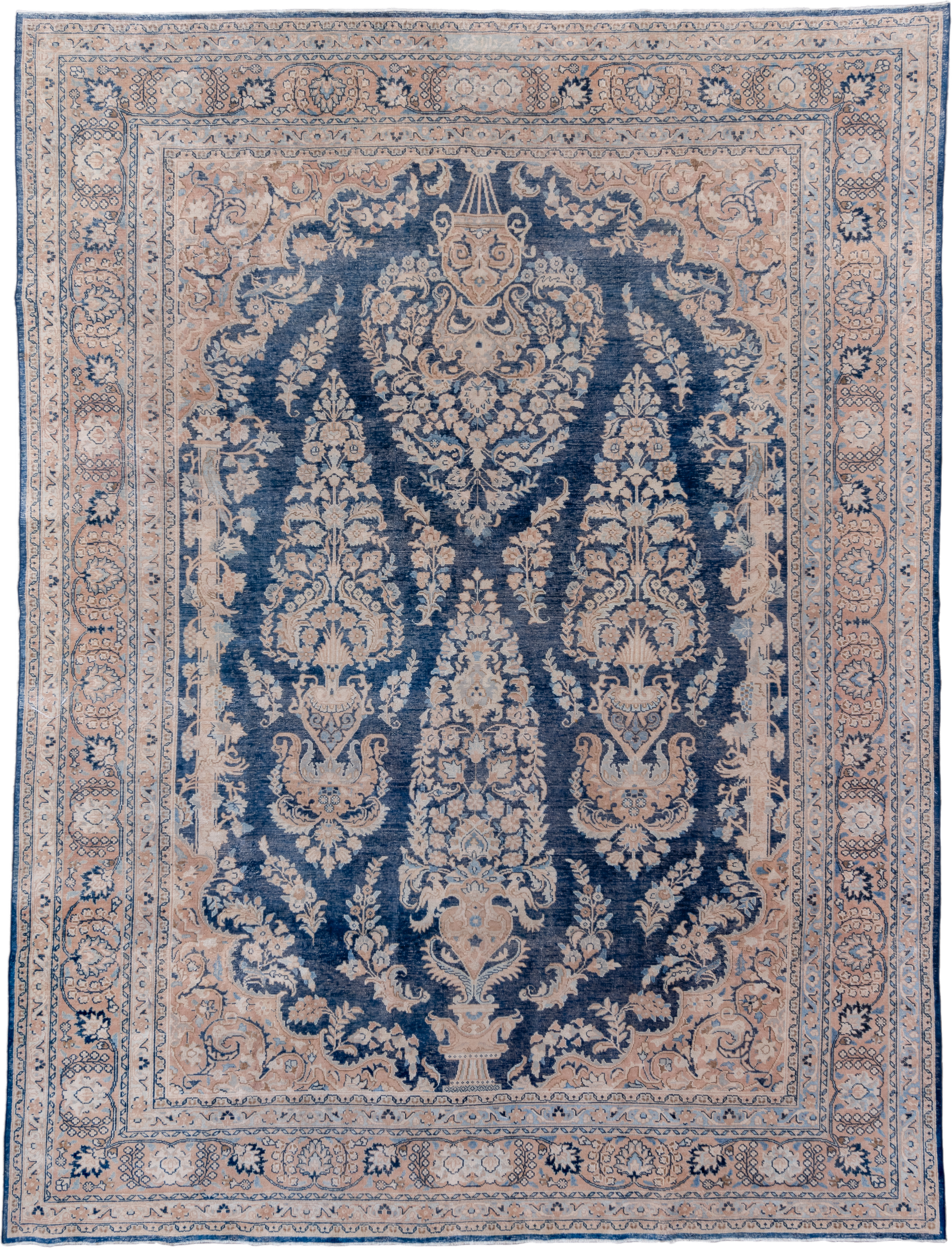 9' x 12' one-of-a-kind handmade vintage Meshed large size rug. Color palette: navy, ivory, blush, slate, taupe, cream, blue