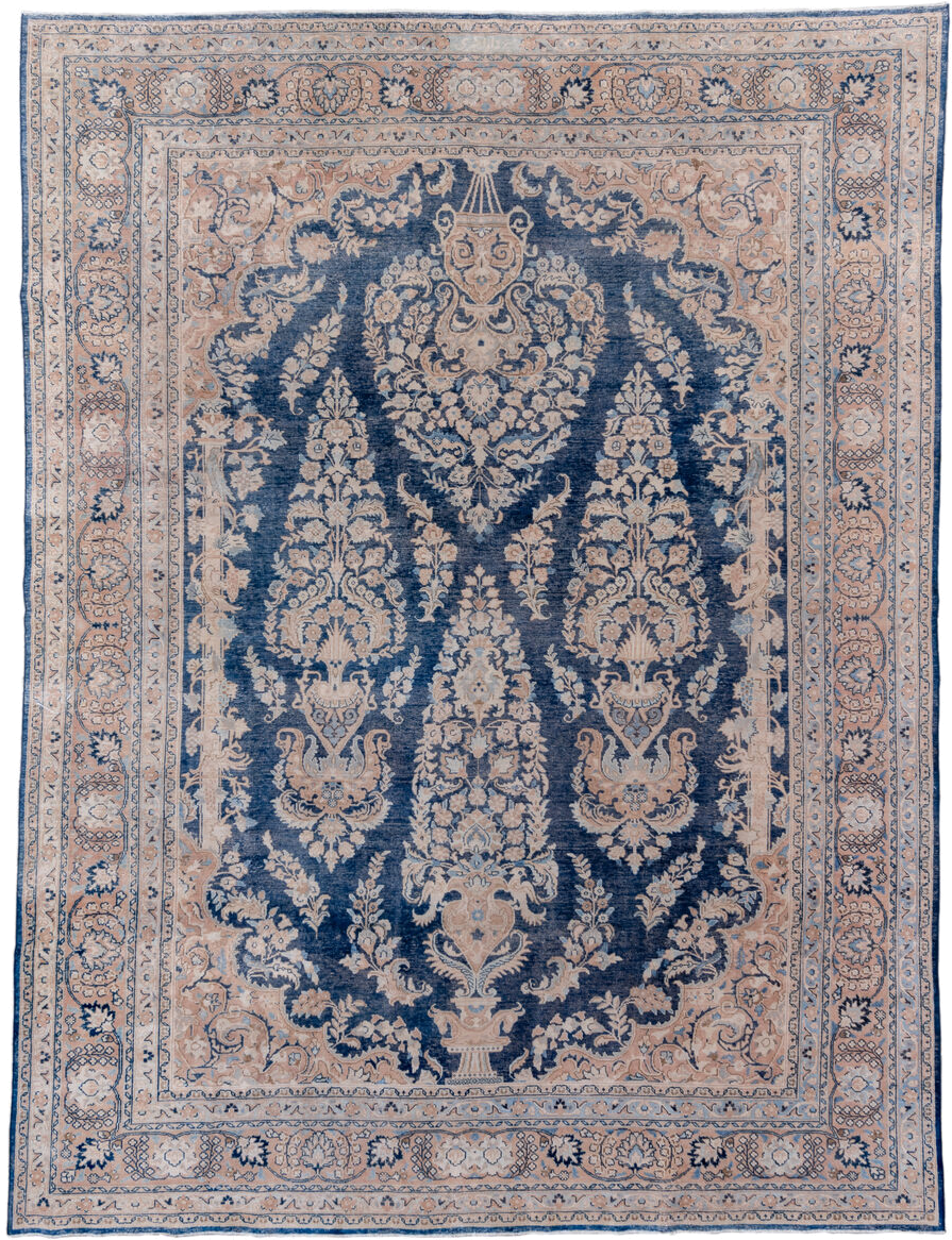 9' x 12' one-of-a-kind handmade vintage Meshed large size rug. Color palette: navy, ivory, blush, slate, taupe, cream, blue