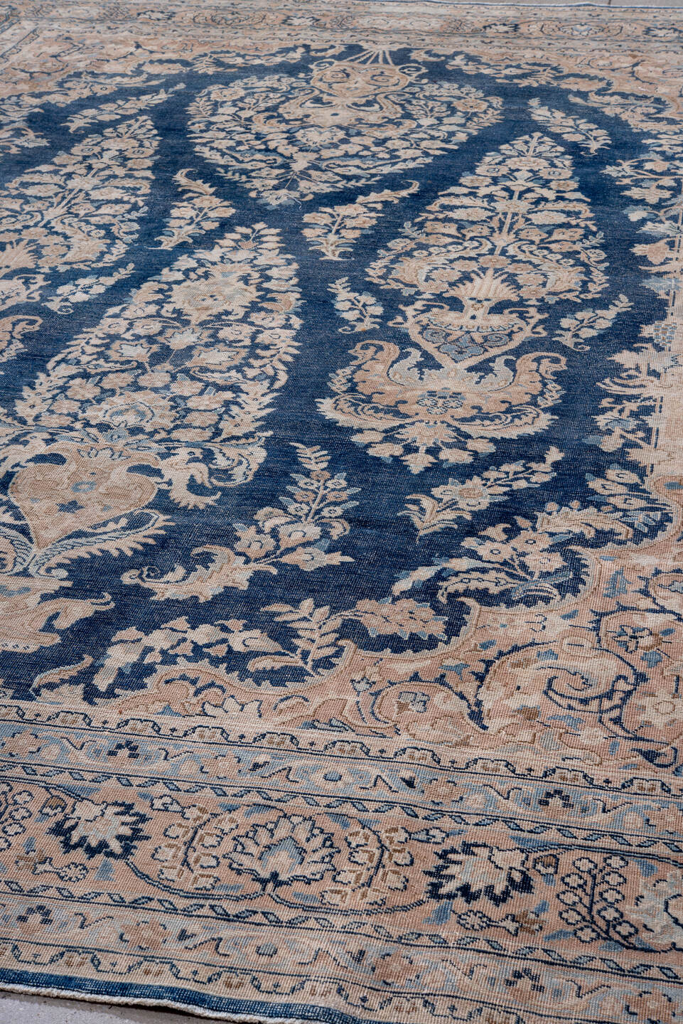 9' x 12' one-of-a-kind handmade vintage Meshed large size rug. Color palette: navy, ivory, blush, slate, taupe, cream, blue