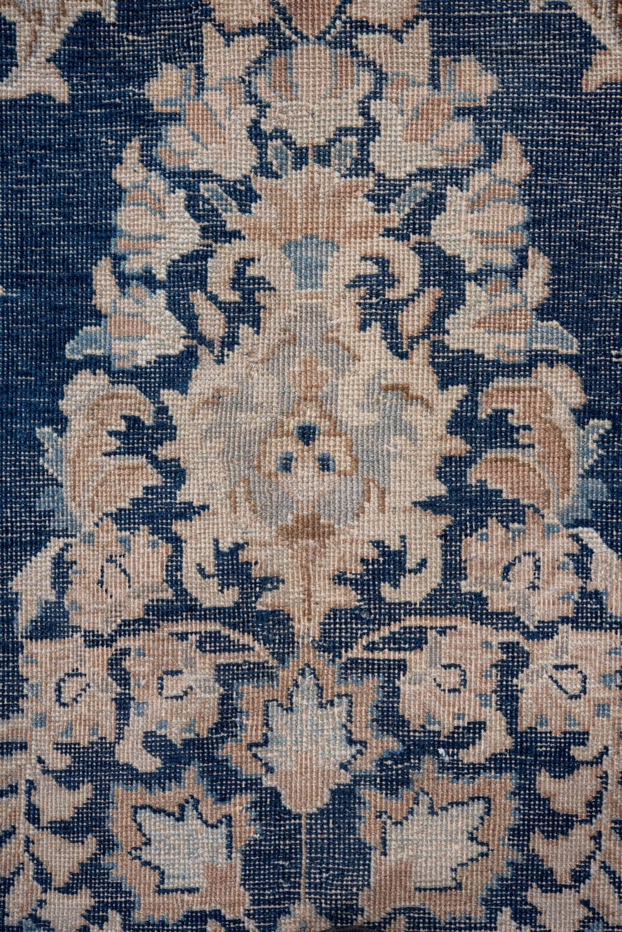 9' x 12' one-of-a-kind handmade vintage Meshed large size rug. Color palette: navy, ivory, blush, slate, taupe, cream, blue