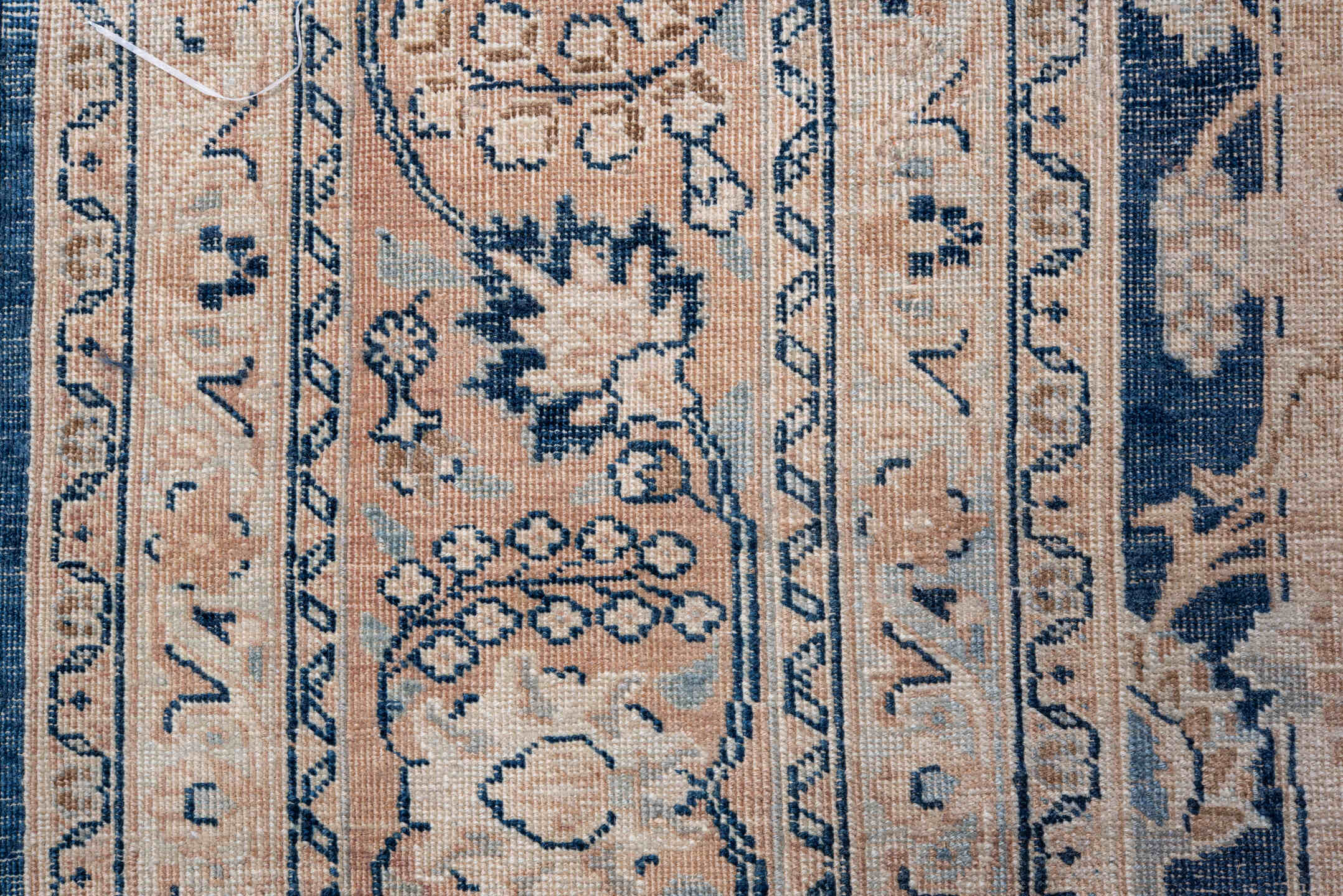 9' x 12' one-of-a-kind handmade vintage Meshed large size rug. Color palette: navy, ivory, blush, slate, taupe, cream, blue