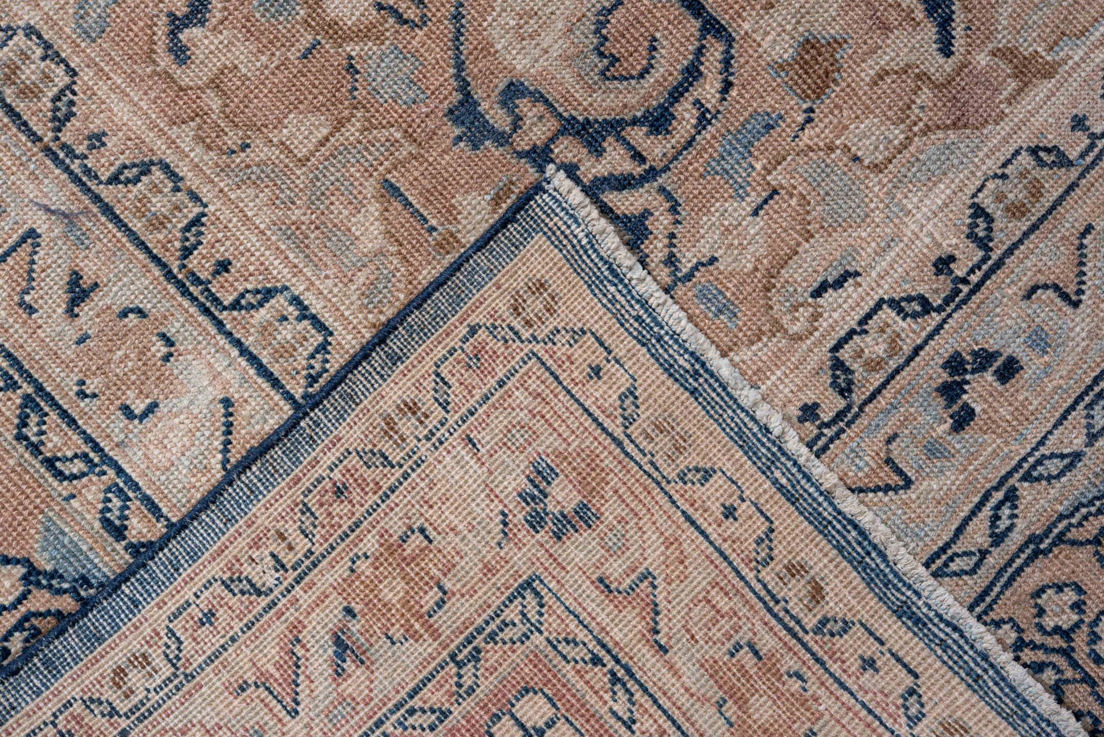 9' x 12' one-of-a-kind handmade vintage Meshed large size rug. Color palette: navy, ivory, blush, slate, taupe, cream, blue