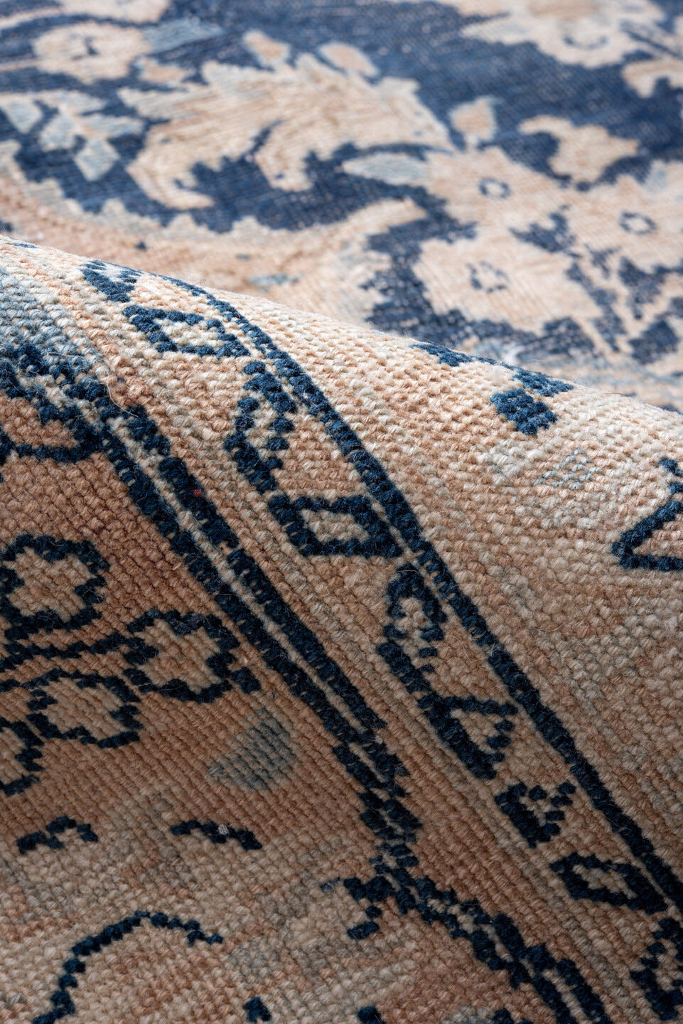 9' x 12' one-of-a-kind handmade vintage Meshed large size rug. Color palette: navy, ivory, blush, slate, taupe, cream, blue