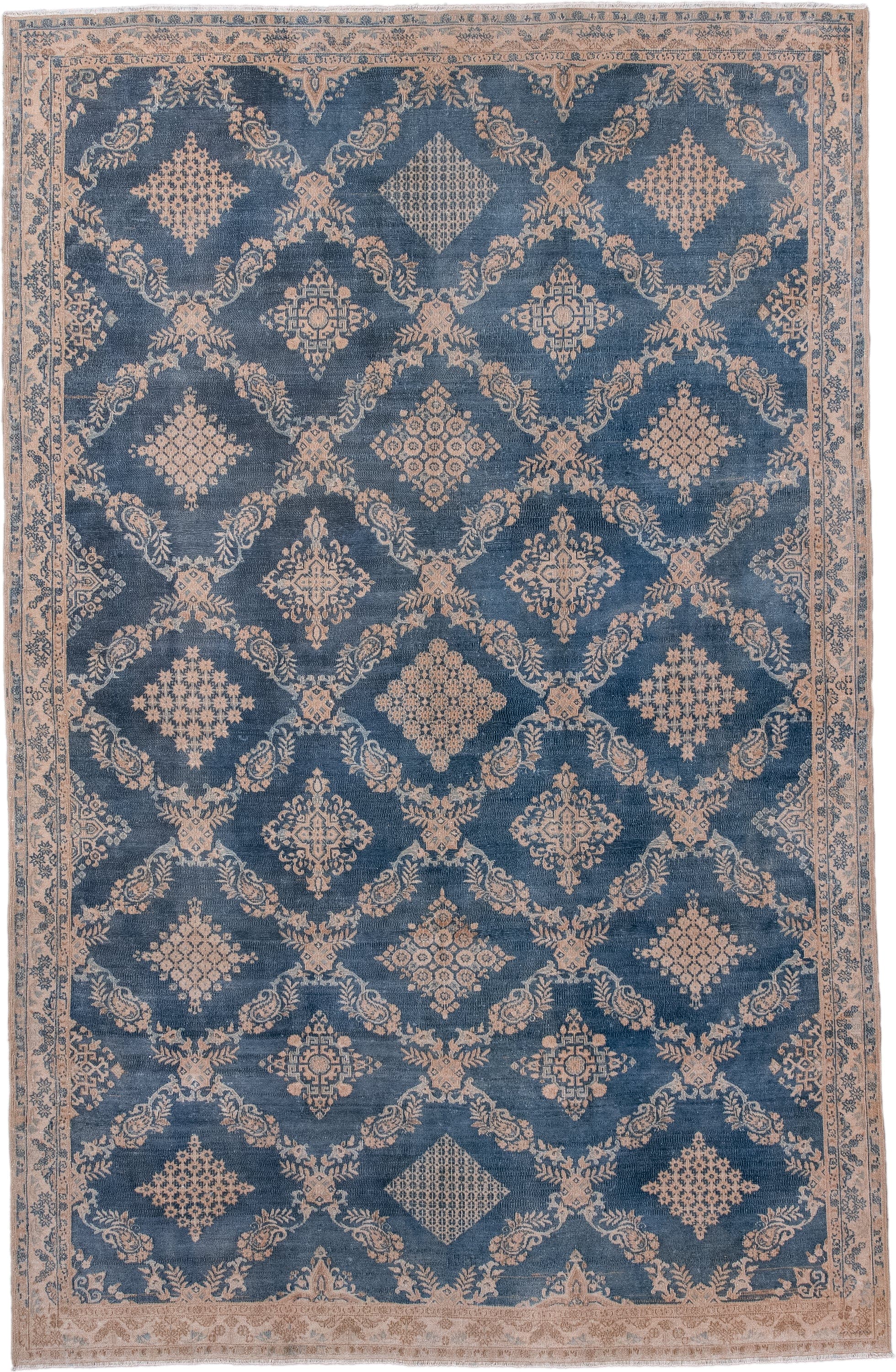 6' x 9' one-of-a-kind handmade antique Kerman medium size rug. Color palette: blue, ivory, beige, taupe, slate, gray