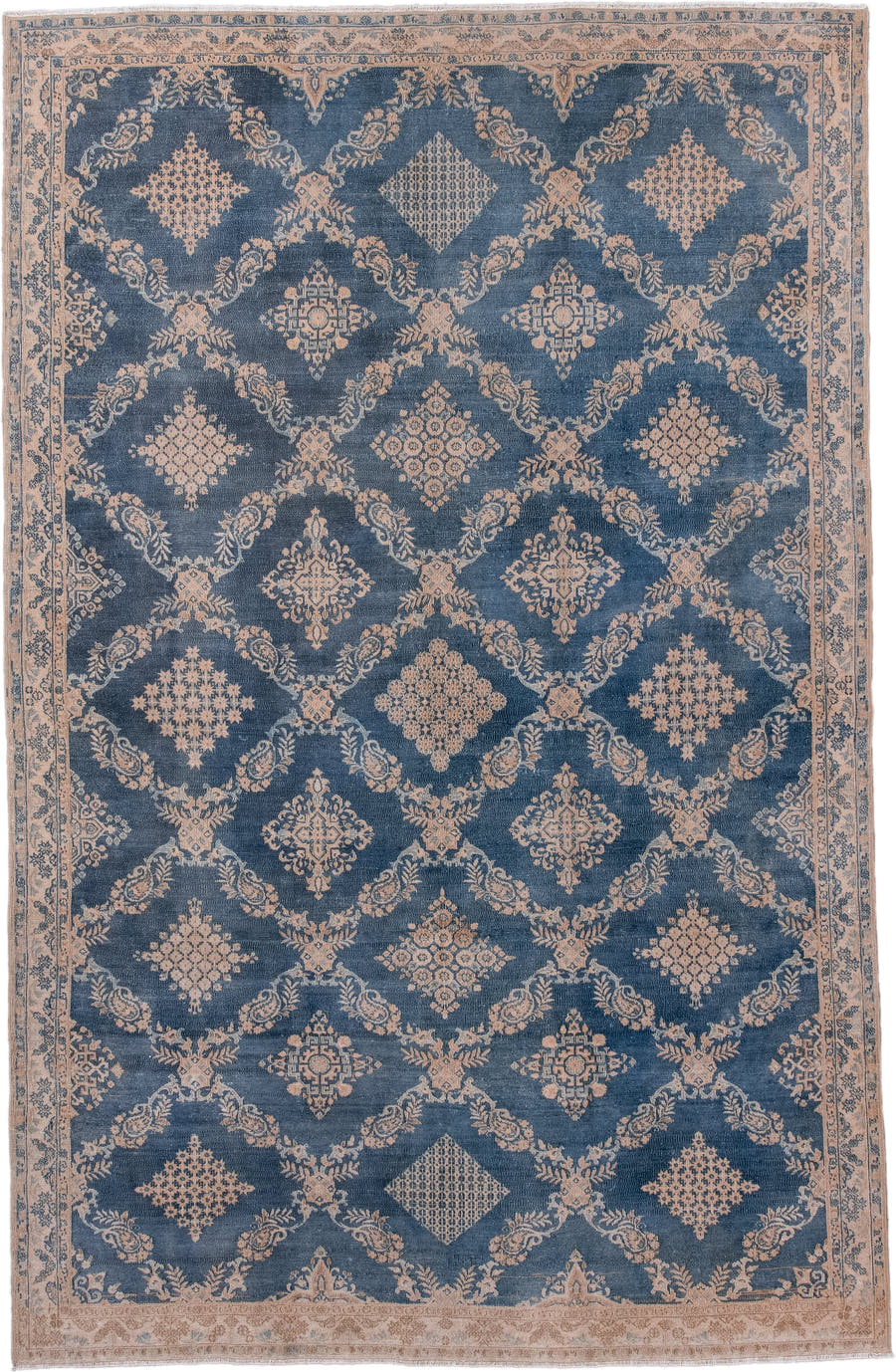 6' x 9' one-of-a-kind handmade antique Kerman medium size rug. Color palette: blue, ivory, beige, taupe, slate, gray