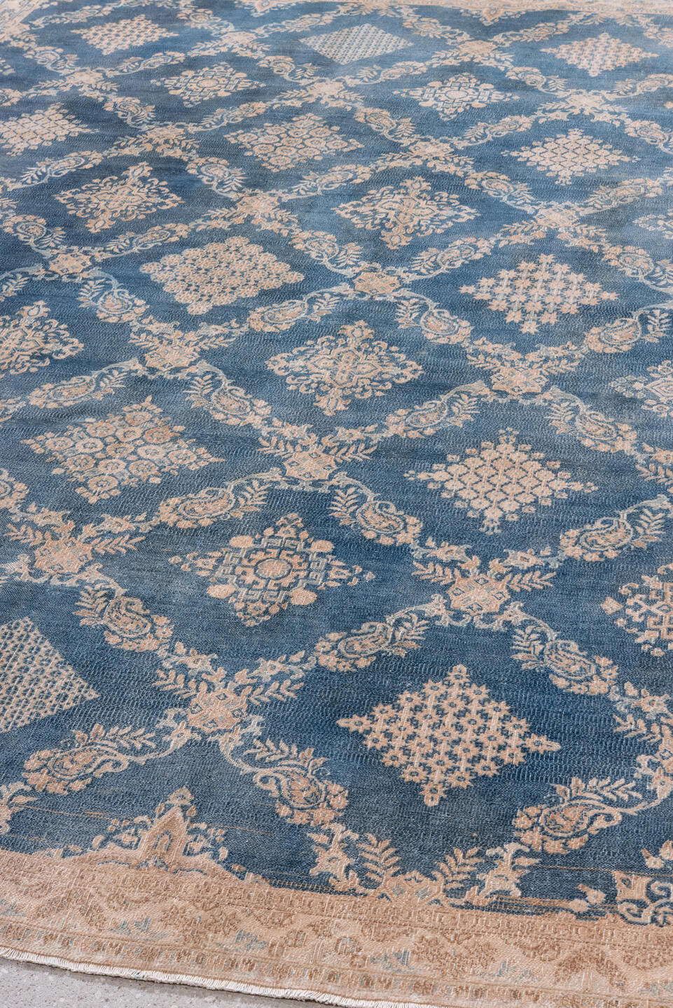 6' x 9' one-of-a-kind handmade antique Kerman medium size rug. Color palette: blue, ivory, beige, taupe, slate, gray