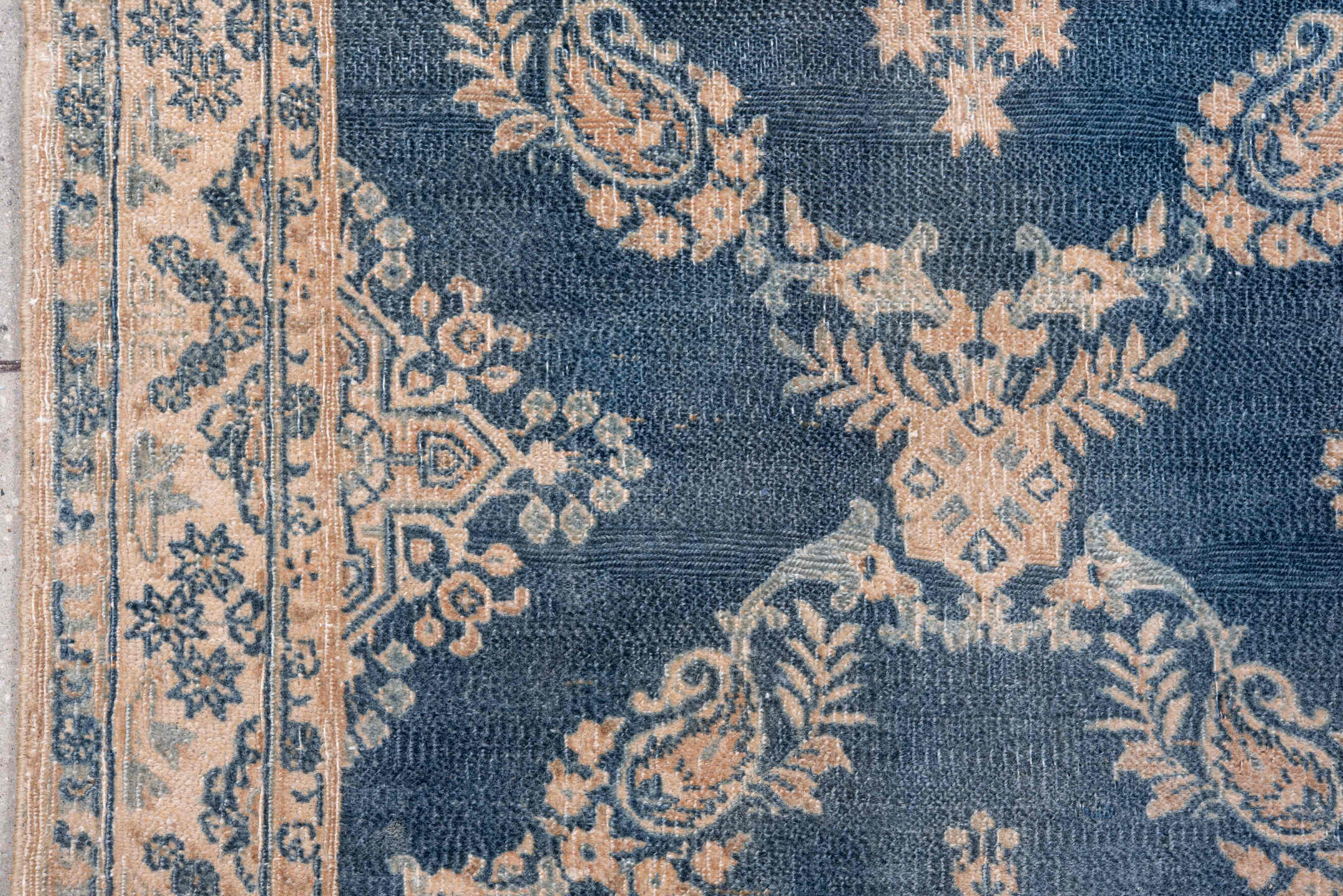 6' x 9' one-of-a-kind handmade antique Kerman medium size rug. Color palette: blue, ivory, beige, taupe, slate, gray