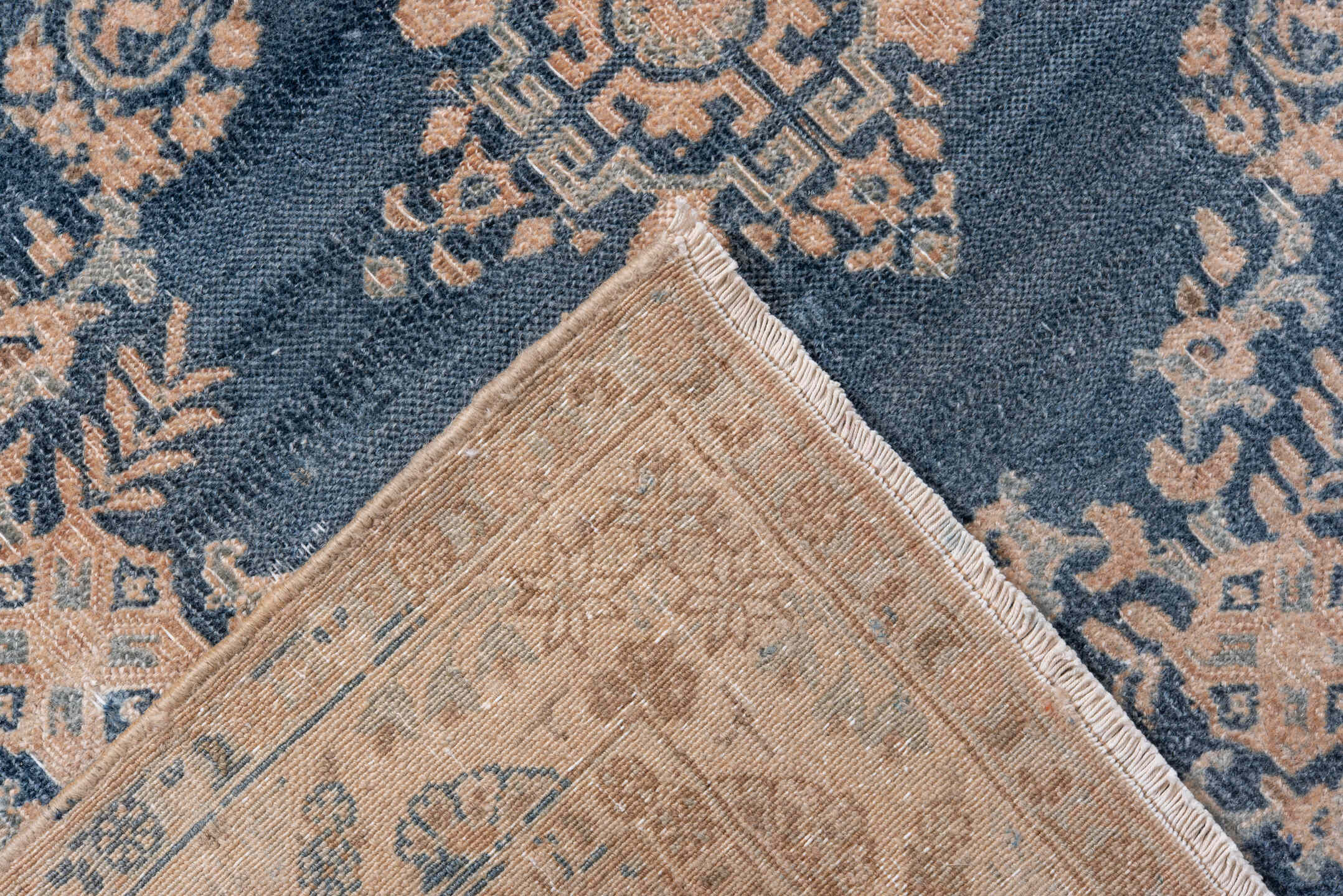 6' x 9' one-of-a-kind handmade antique Kerman medium size rug. Color palette: blue, ivory, beige, taupe, slate, gray