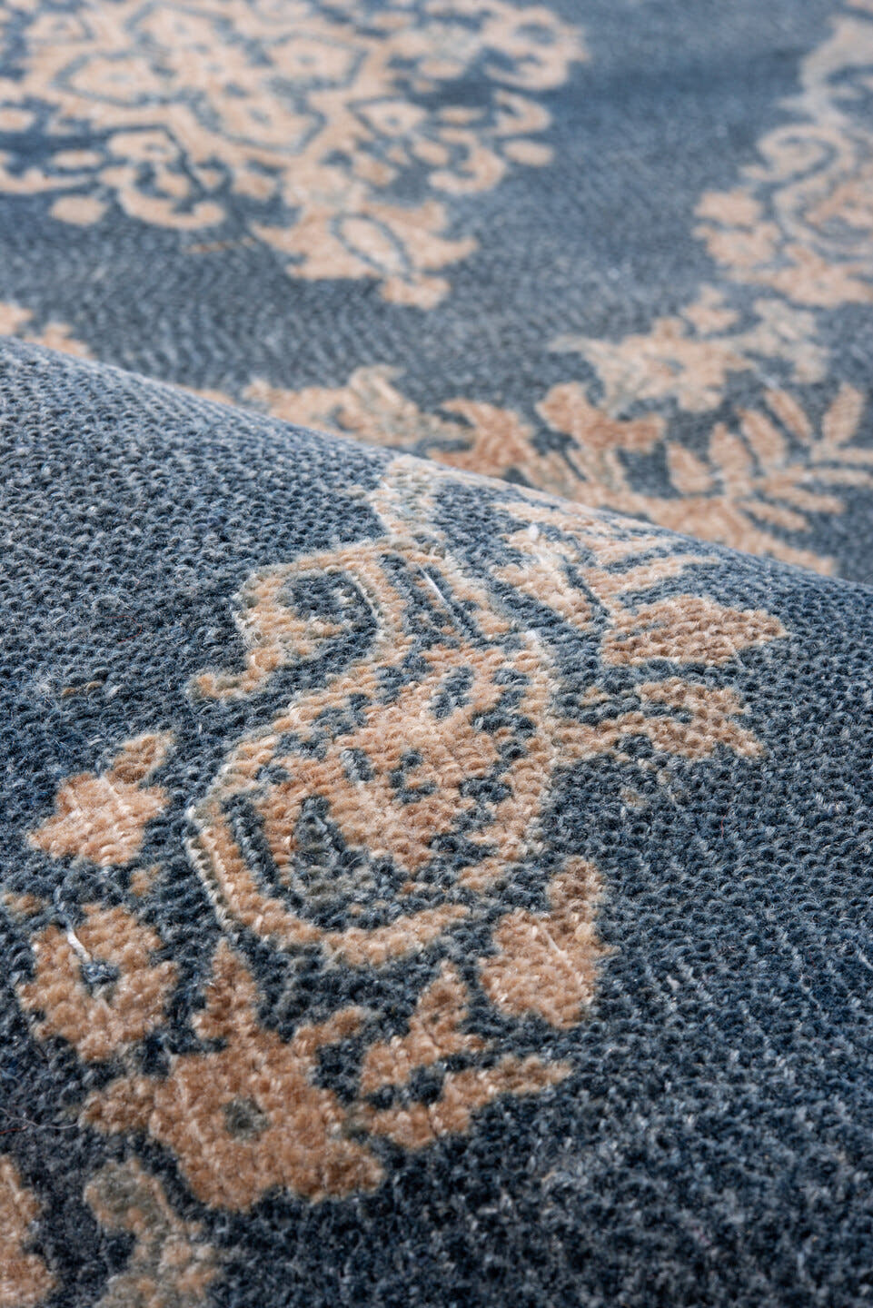 6' x 9' one-of-a-kind handmade antique Kerman medium size rug. Color palette: blue, ivory, beige, taupe, slate, gray