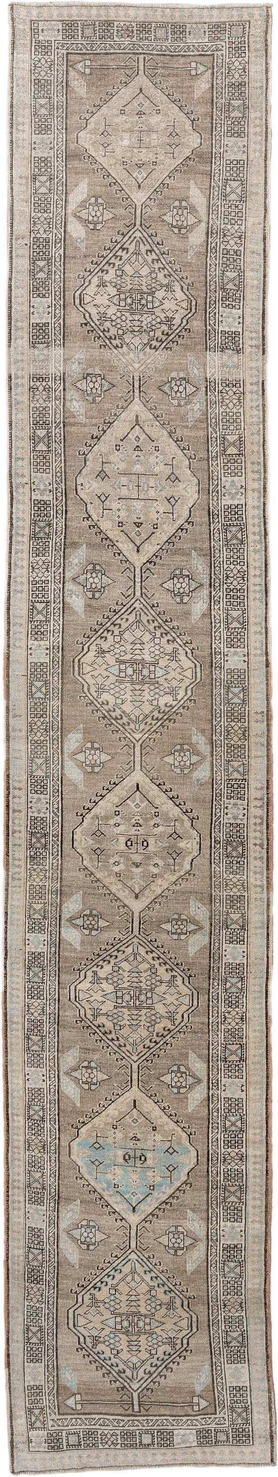 3' x 16' one-of-a-kind handmade vintage runner rug. Color palette: taupe, ivory, pale blue, camel, charcoal, beige, gray