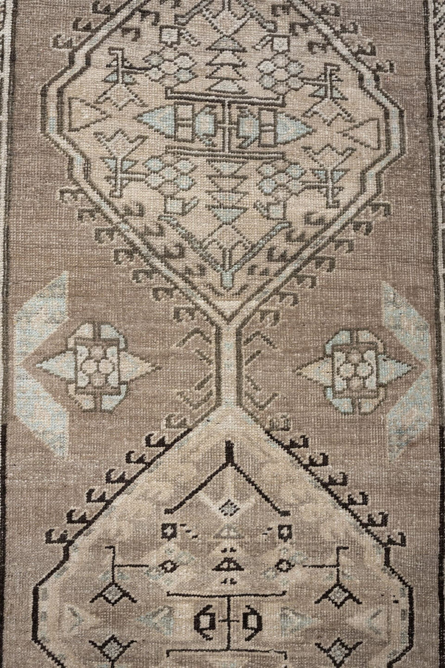3' x 16' one-of-a-kind handmade vintage runner rug. Color palette: taupe, ivory, pale blue, camel, charcoal, beige, gray