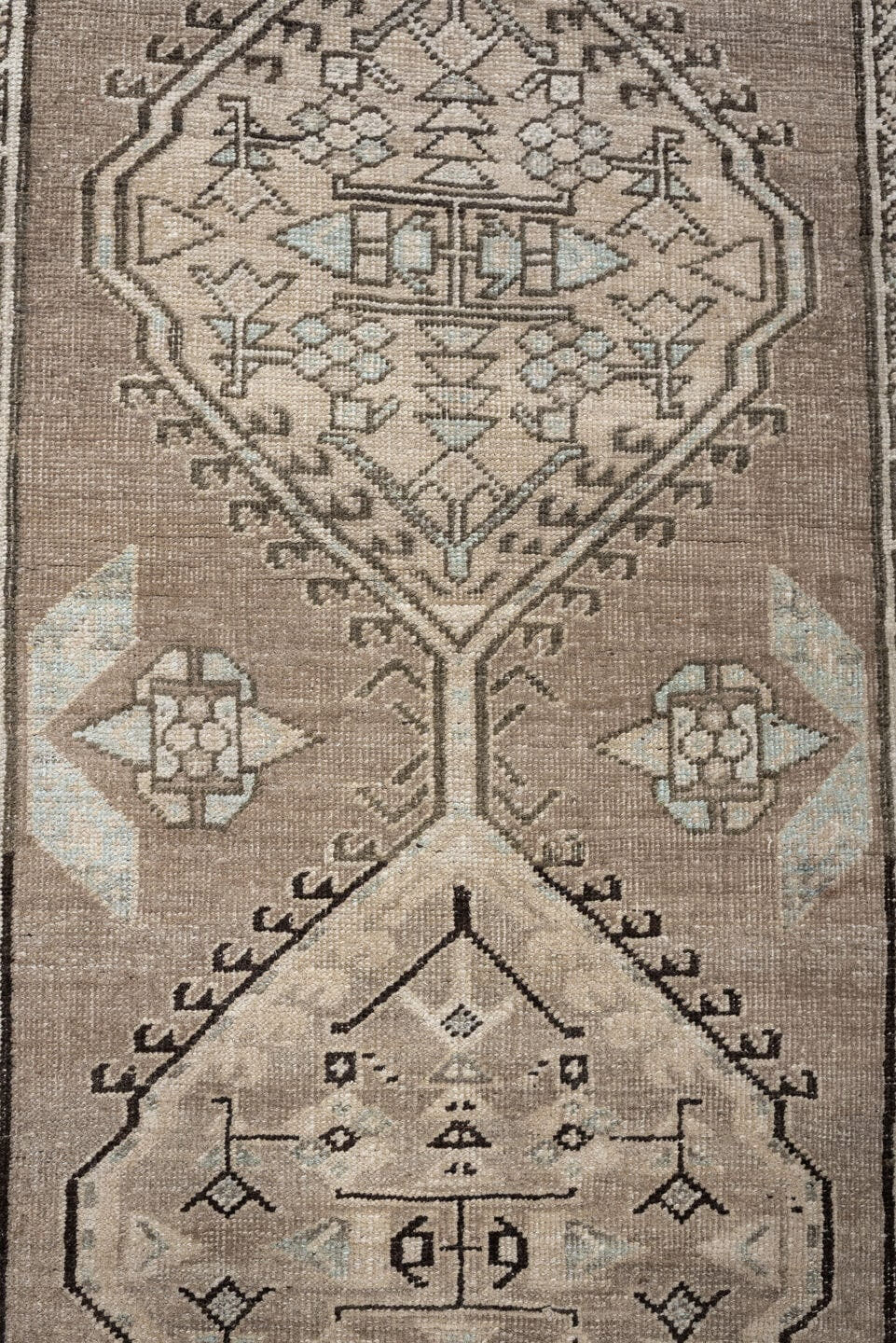 3' x 16' one-of-a-kind handmade vintage runner rug. Color palette: taupe, ivory, pale blue, camel, charcoal, beige, gray