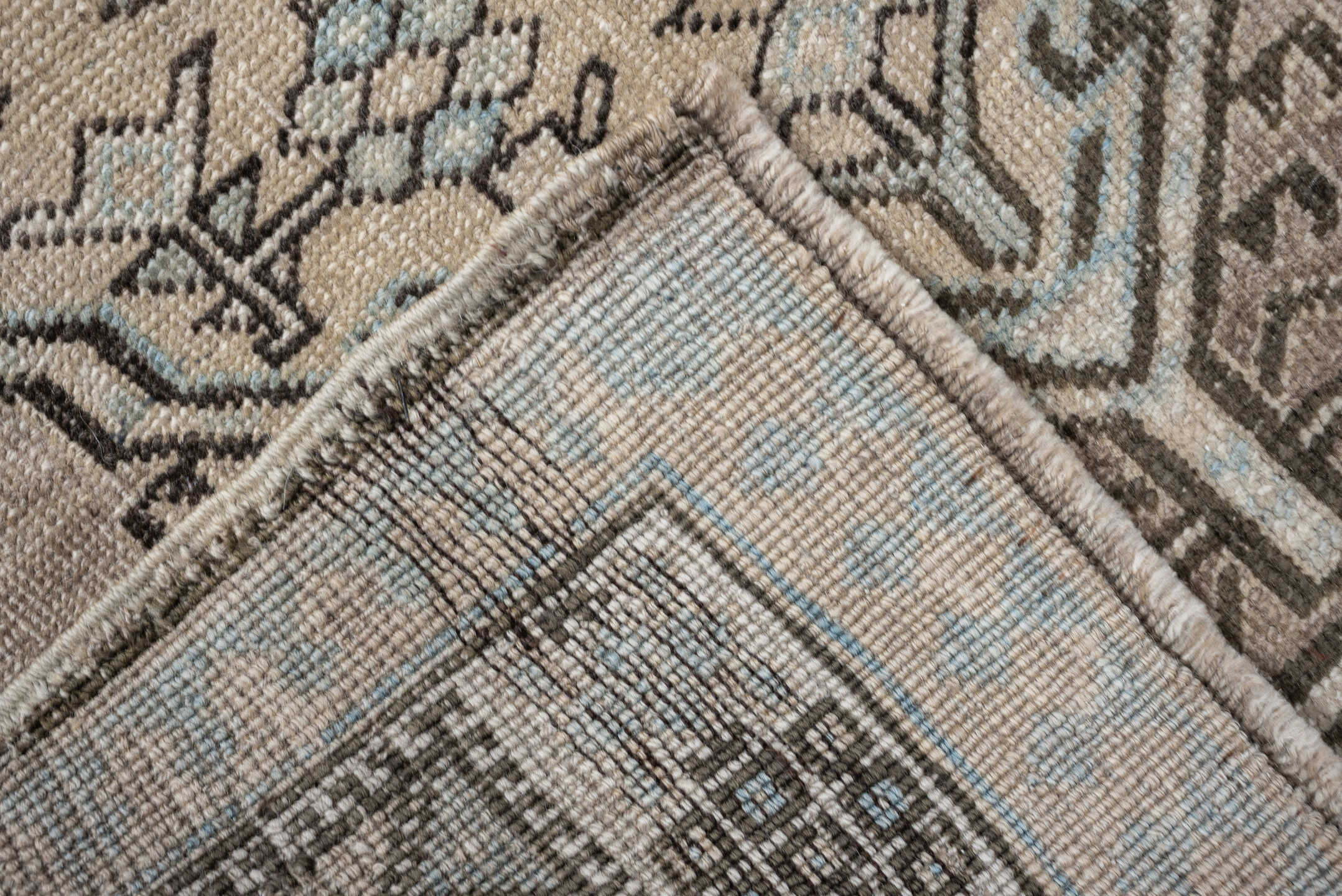 3' x 16' one-of-a-kind handmade vintage runner rug. Color palette: taupe, ivory, pale blue, camel, charcoal, beige, gray