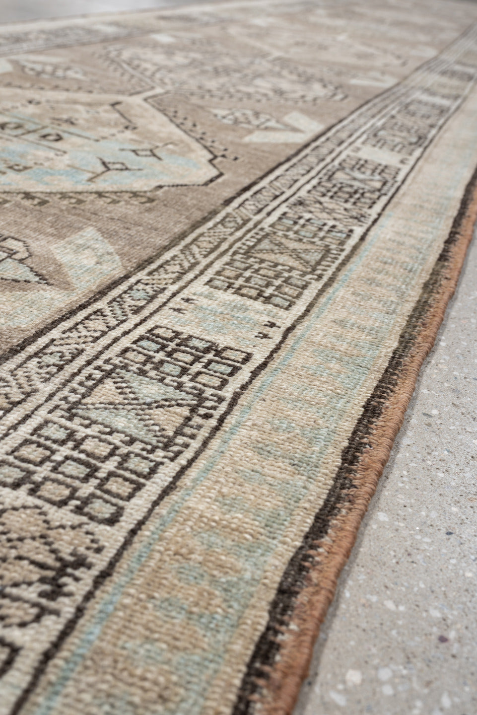 3' x 16' one-of-a-kind handmade vintage runner rug. Color palette: taupe, ivory, pale blue, camel, charcoal, beige, gray