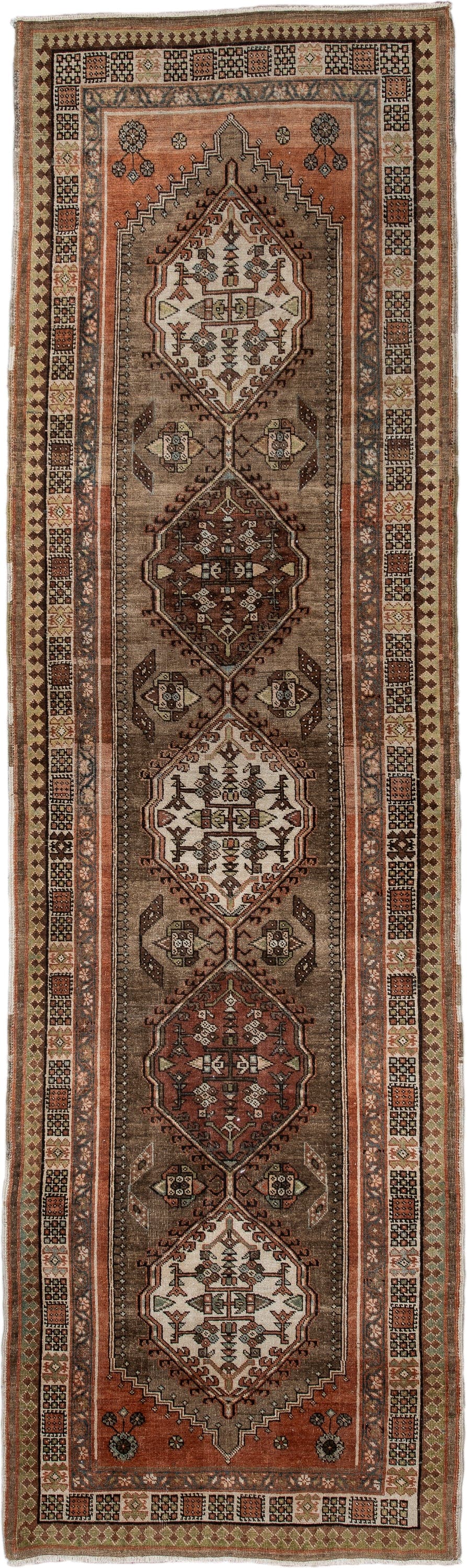 3' x 10' one-of-a-kind handmade antique Sarab runner rug. Color palette: taupe, camel, rust, ivory, brown, sage, slate