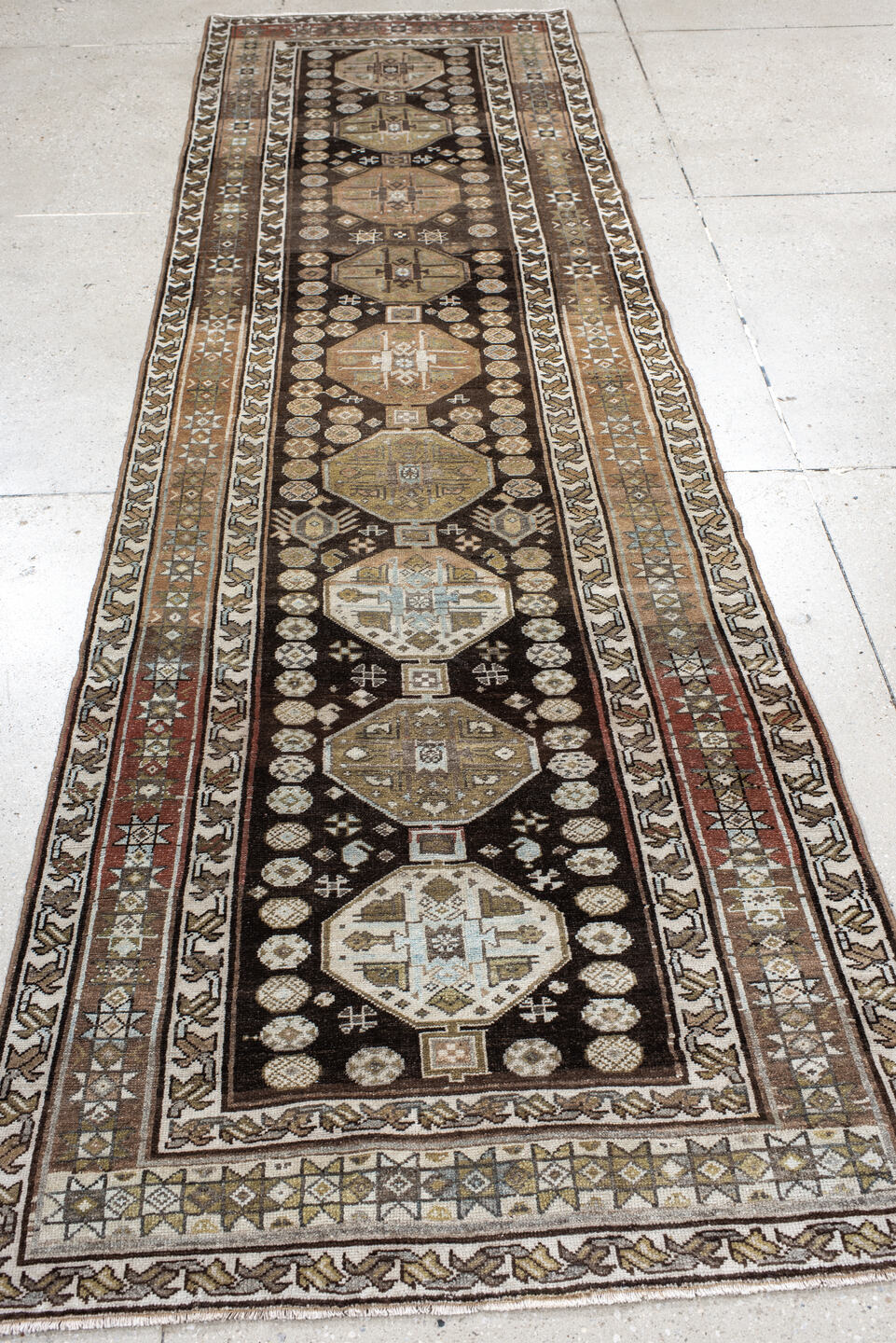 3' x 11' one-of-a-kind handmade vintage Malayer runner rug. Color palette: antiquewhite, brown, gainsboro, gray, light gray