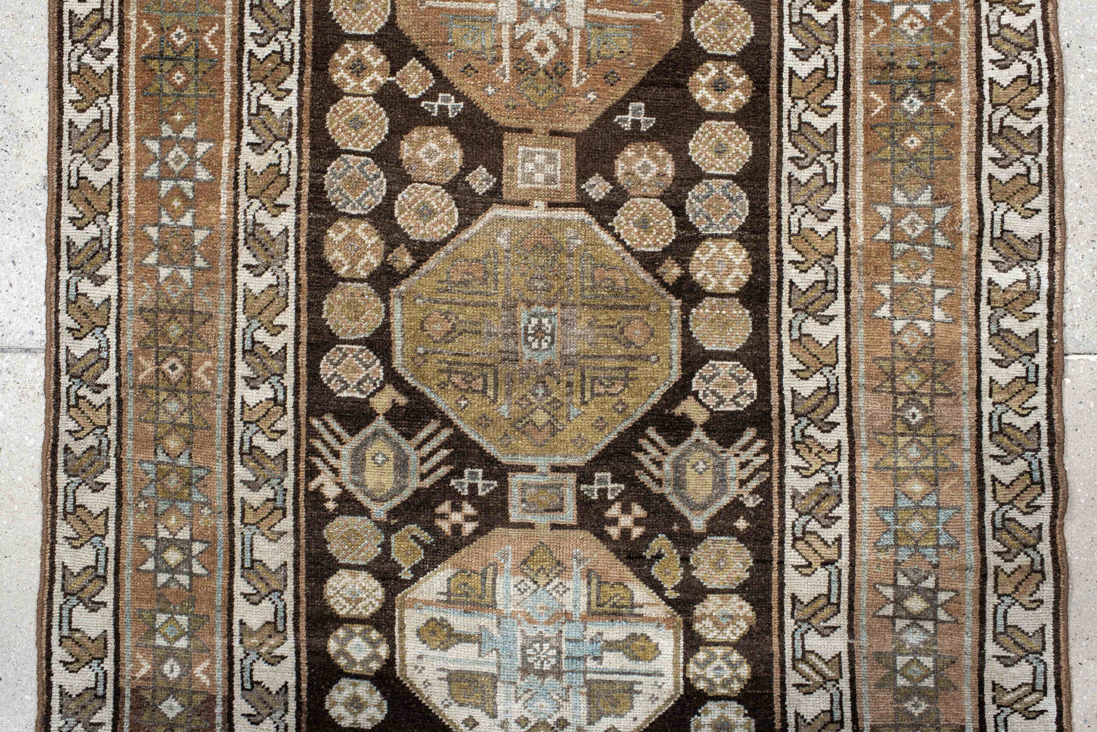 3' x 11' one-of-a-kind handmade vintage Malayer runner rug. Color palette: antiquewhite, brown, gainsboro, gray, light gray