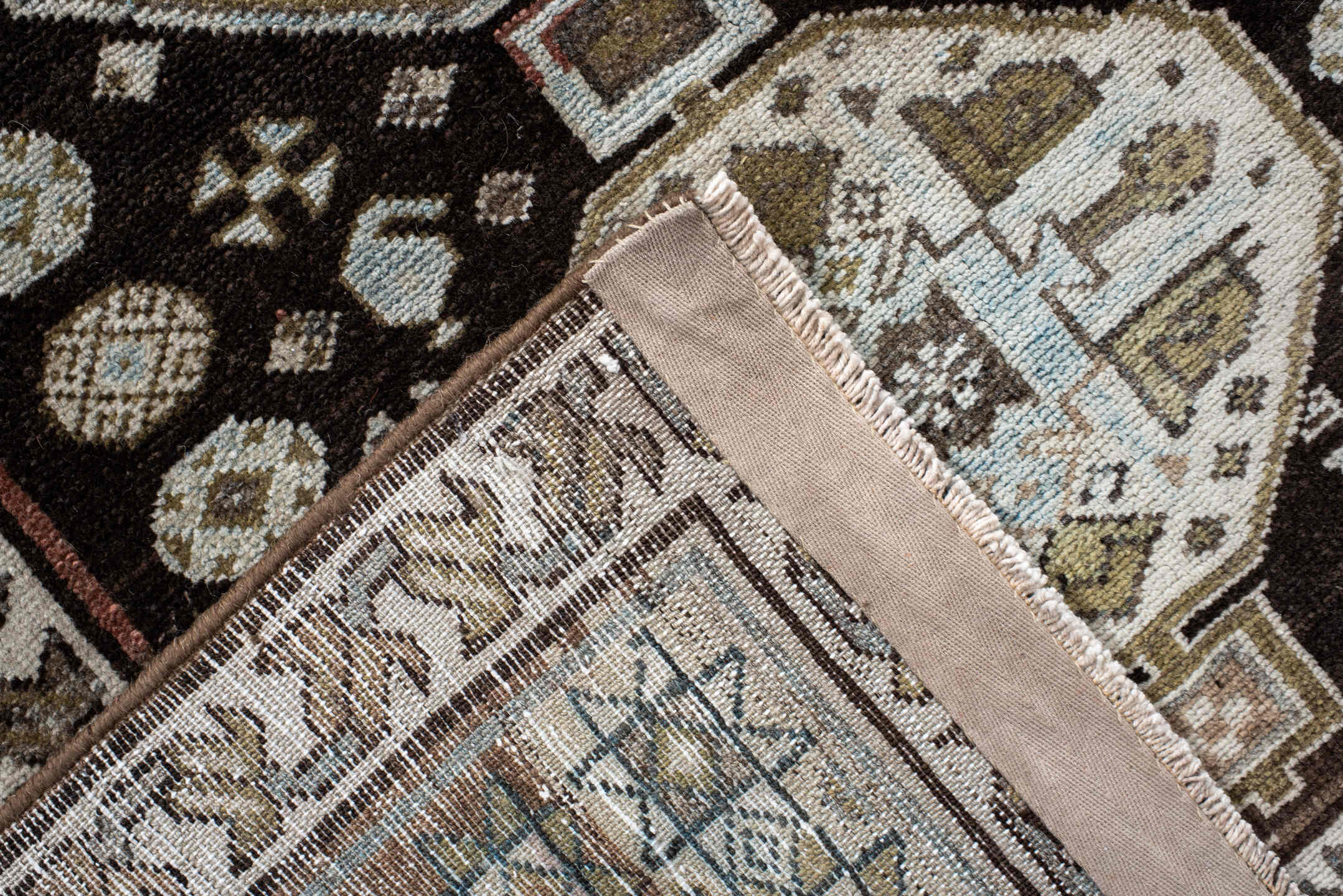 3' x 11' one-of-a-kind handmade vintage Malayer runner rug. Color palette: antiquewhite, brown, gainsboro, gray, light gray