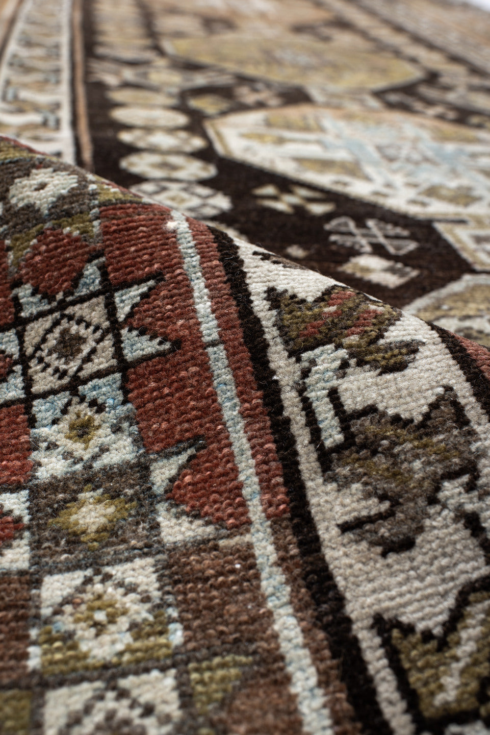 3' x 11' one-of-a-kind handmade vintage Malayer runner rug. Color palette: antiquewhite, brown, gainsboro, gray, light gray