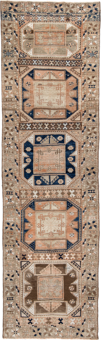 3' x 11' one-of-a-kind handmade vintage Oushak runner rug. Color palette: black, blue, brown, charcoal, dim gray, fiord