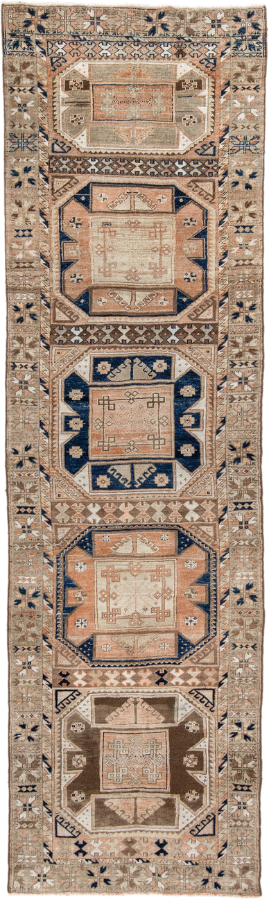 3' x 11' one-of-a-kind handmade vintage Oushak runner rug. Color palette: taupe, ivory, sand, navy, camel, beige, brown