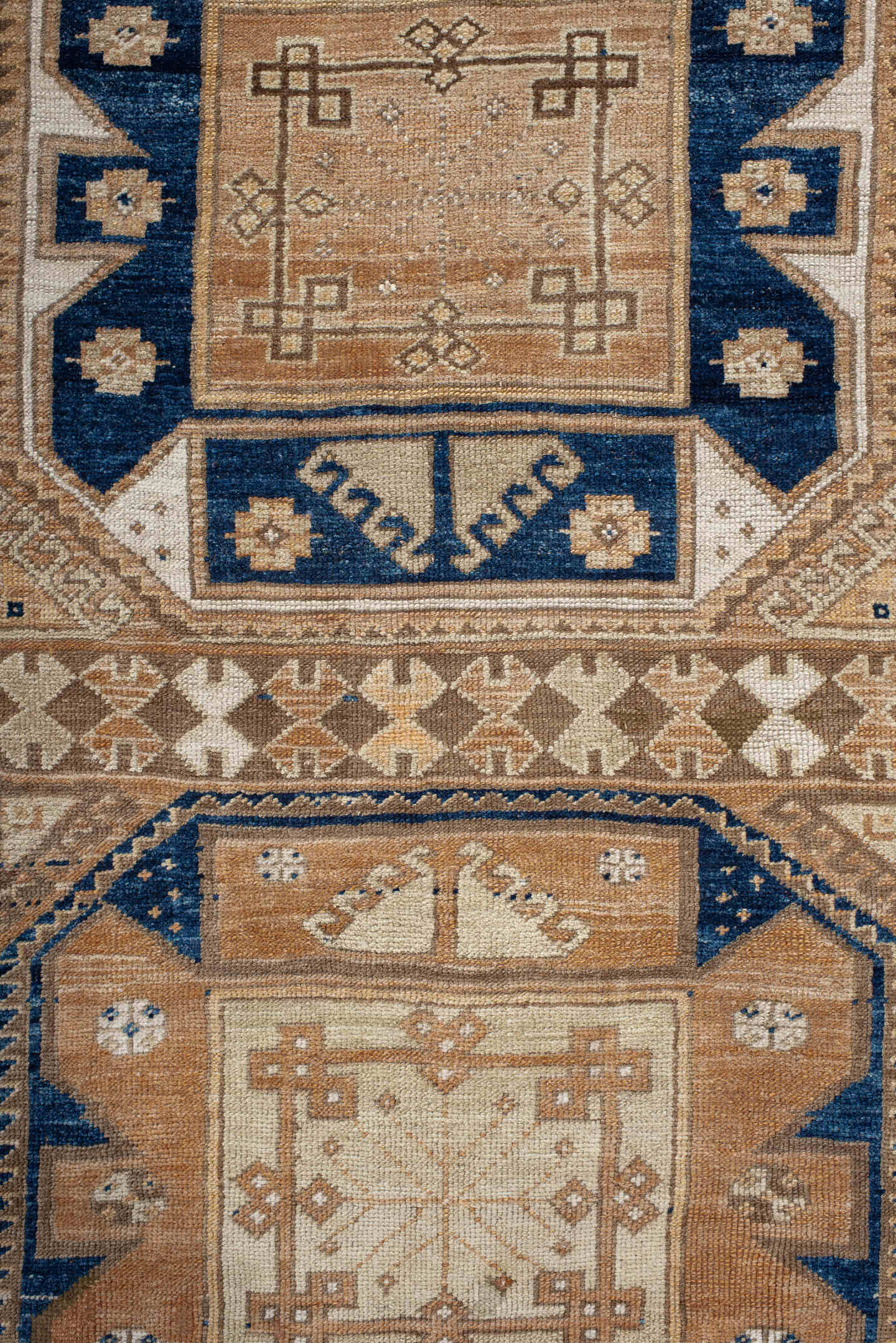3' x 11' one-of-a-kind handmade vintage Oushak runner rug. Color palette: taupe, ivory, sand, navy, camel, beige, brown
