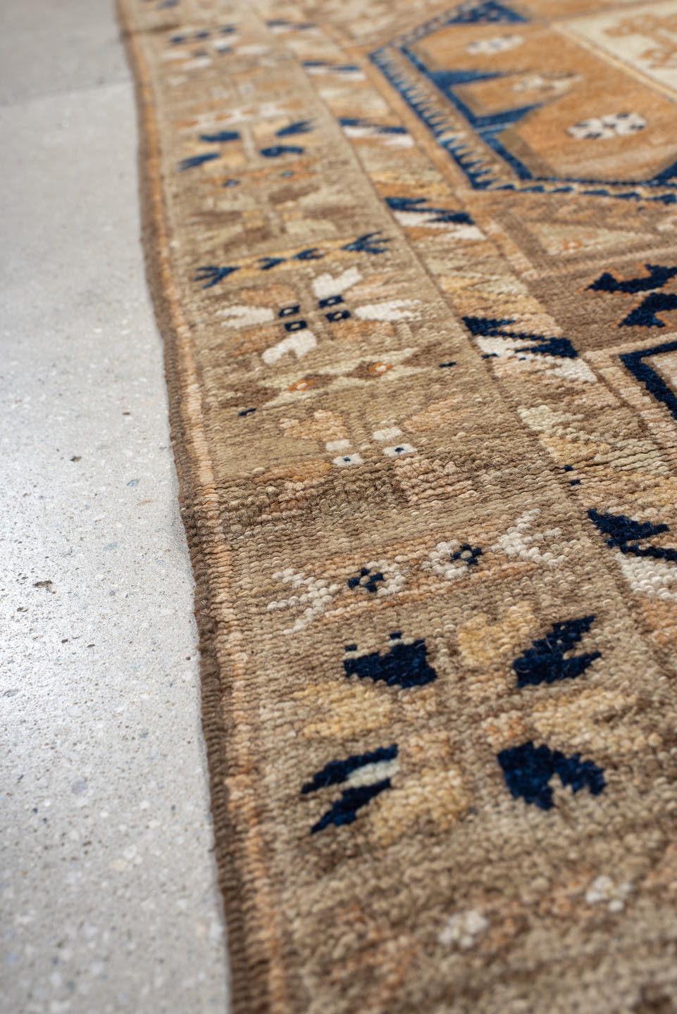 3' x 11' one-of-a-kind handmade vintage Oushak runner rug. Color palette: taupe, ivory, sand, navy, camel, beige, brown